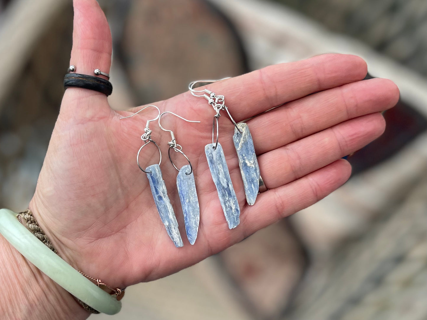 Blue kyanite earrings hung on recycled sterling silver. Angel wing earrings. Unique jewellery. handmade unusual jewellery, ethically made.