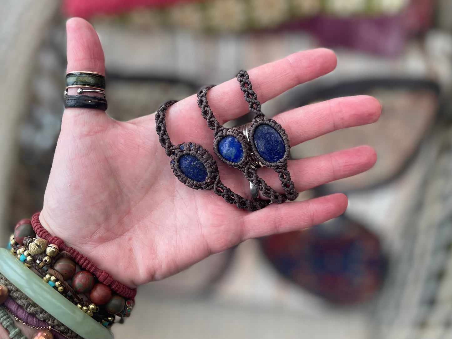 Stunning macrame wrapped lapis bracelet, ethical jewellery, unusual jewellery, macrame jewellery. Blue macrame bracelet. Boho jewellery.