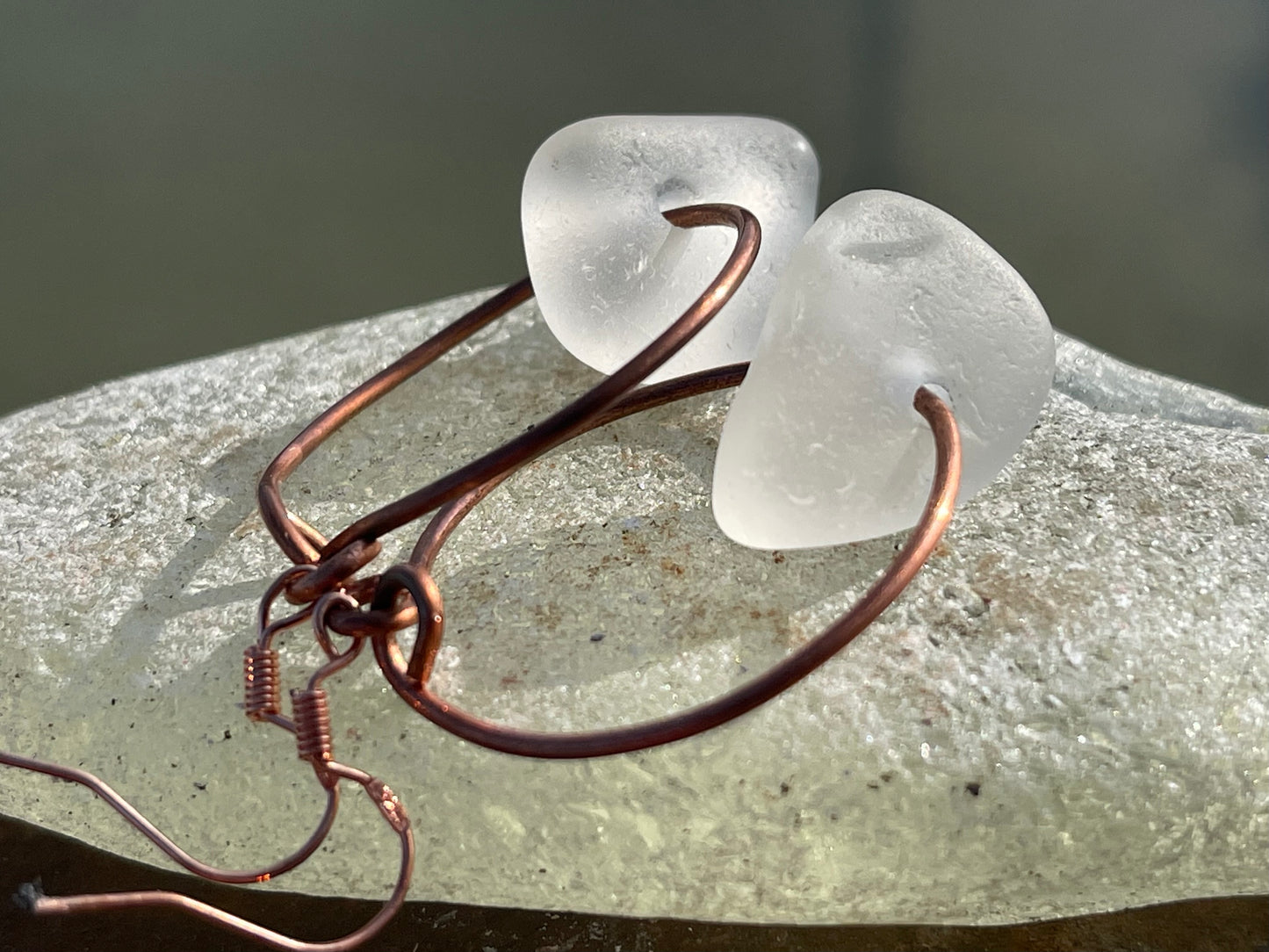 Eco friendly white sea glass and recycled copper earrings. Unique earrings, ethical jewellery, unusual boho jewellery, sea glass jewellery.