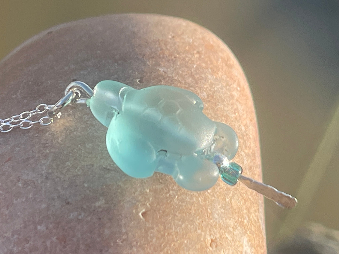 Eco friendly glass turtle necklace on a recycled sterling silver chain. Aqua turtle pendant. Eco friendly necklace, ethical jewellery.