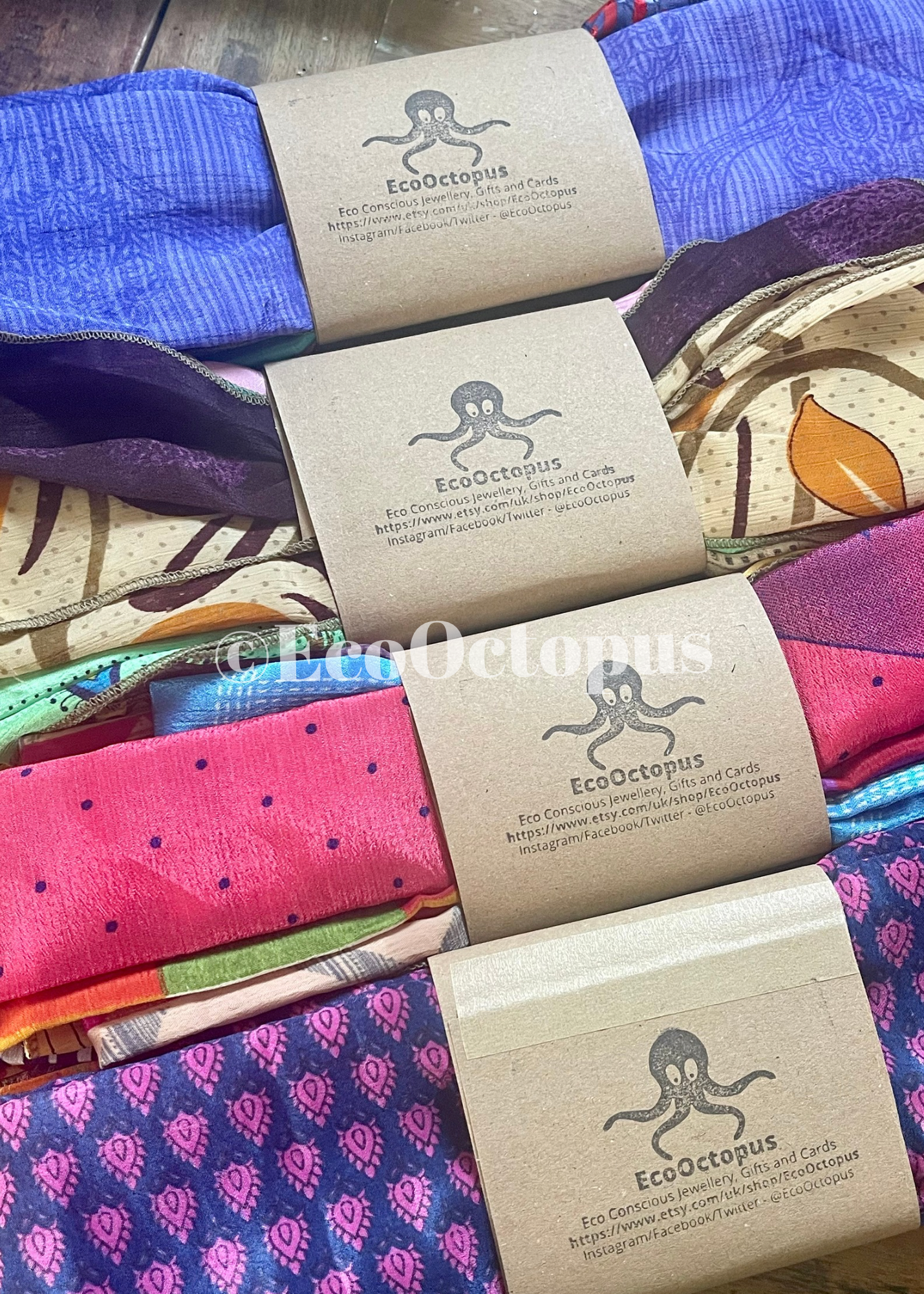 8 pieces of eco friendly sari gift wrap. Made from vintage silks. Ethical stationery. Eco friendly gifts. Re-usable recycled gift wrap.
