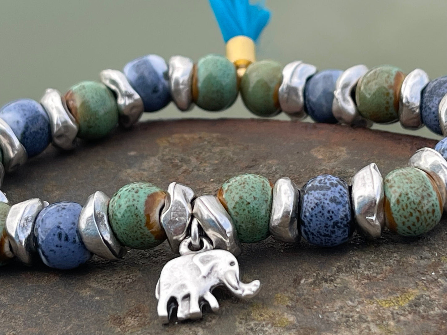 Elephant bracelet, elephant jewellery, boho bracelet, Hippy bracelet, gift for her, green bracelet, handmade bracelet, elephant bangle