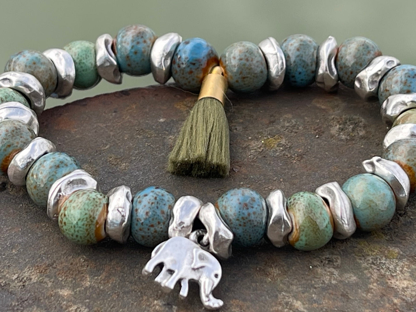 Elephant bracelet, elephant jewellery, boho bracelet, Hippy bracelet, gift for her, green bracelet, handmade bracelet, elephant bangle