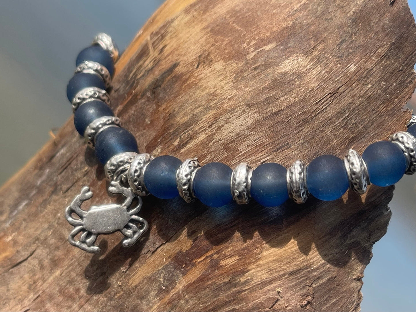 Blue glass bracelet, handmade gift for him, crab bracelet, blue braclet, gifts for men, handmade bracelet, boho bracelet, gift for swimmer