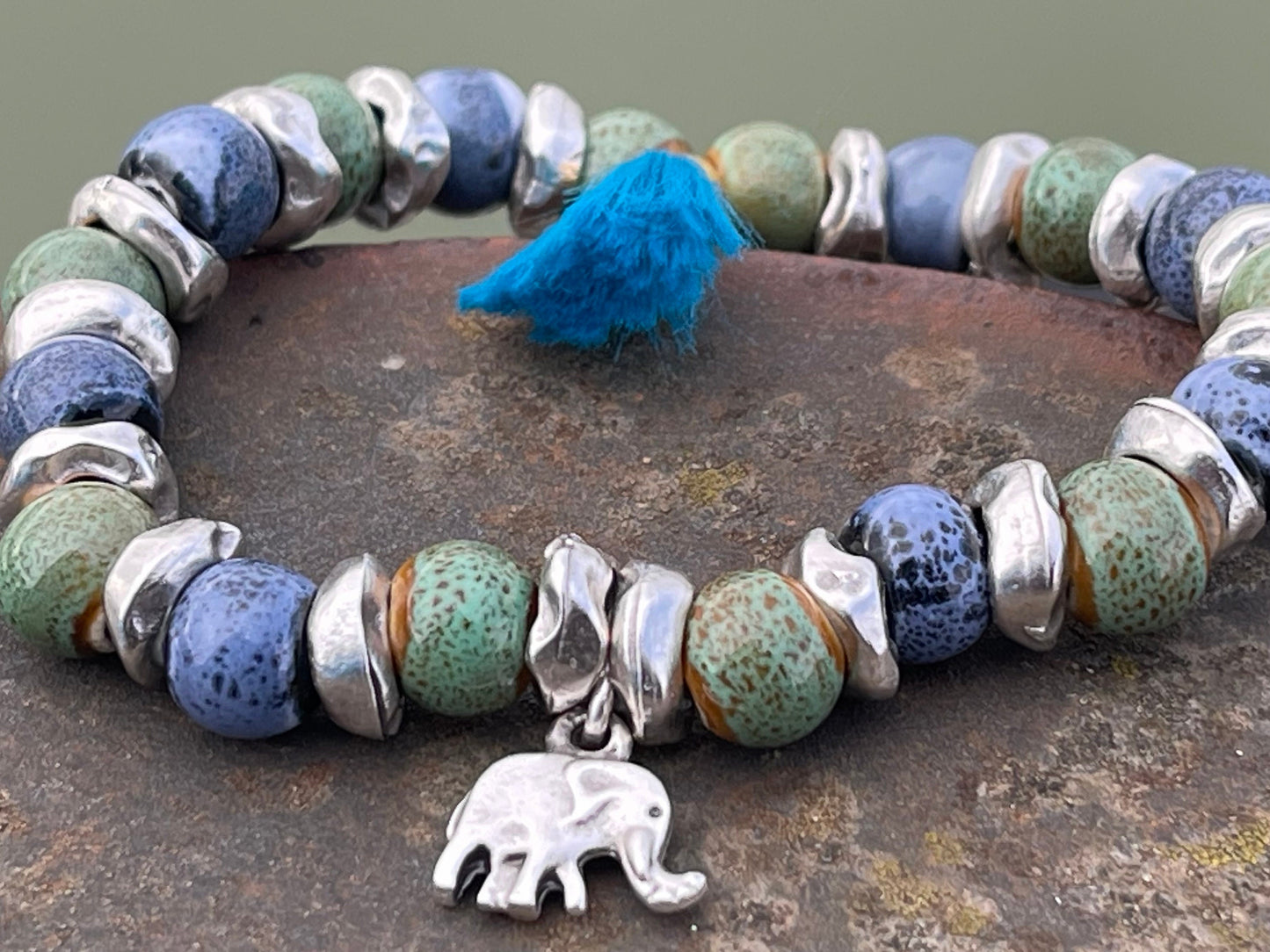Elephant bracelet, elephant jewellery, boho bracelet, Hippy bracelet, gift for her, green bracelet, handmade bracelet, elephant bangle