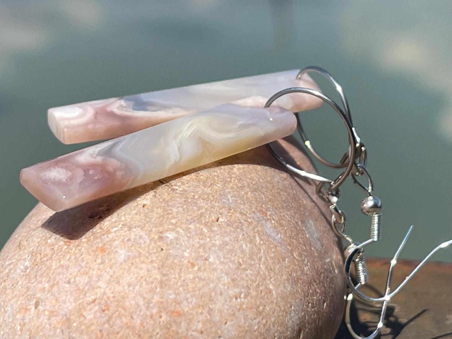Agate gemstone earrings on recycled sterling silver. Long drop dangly earrings. White gemstone earrings. Ethical jewellery. Wedding earrings