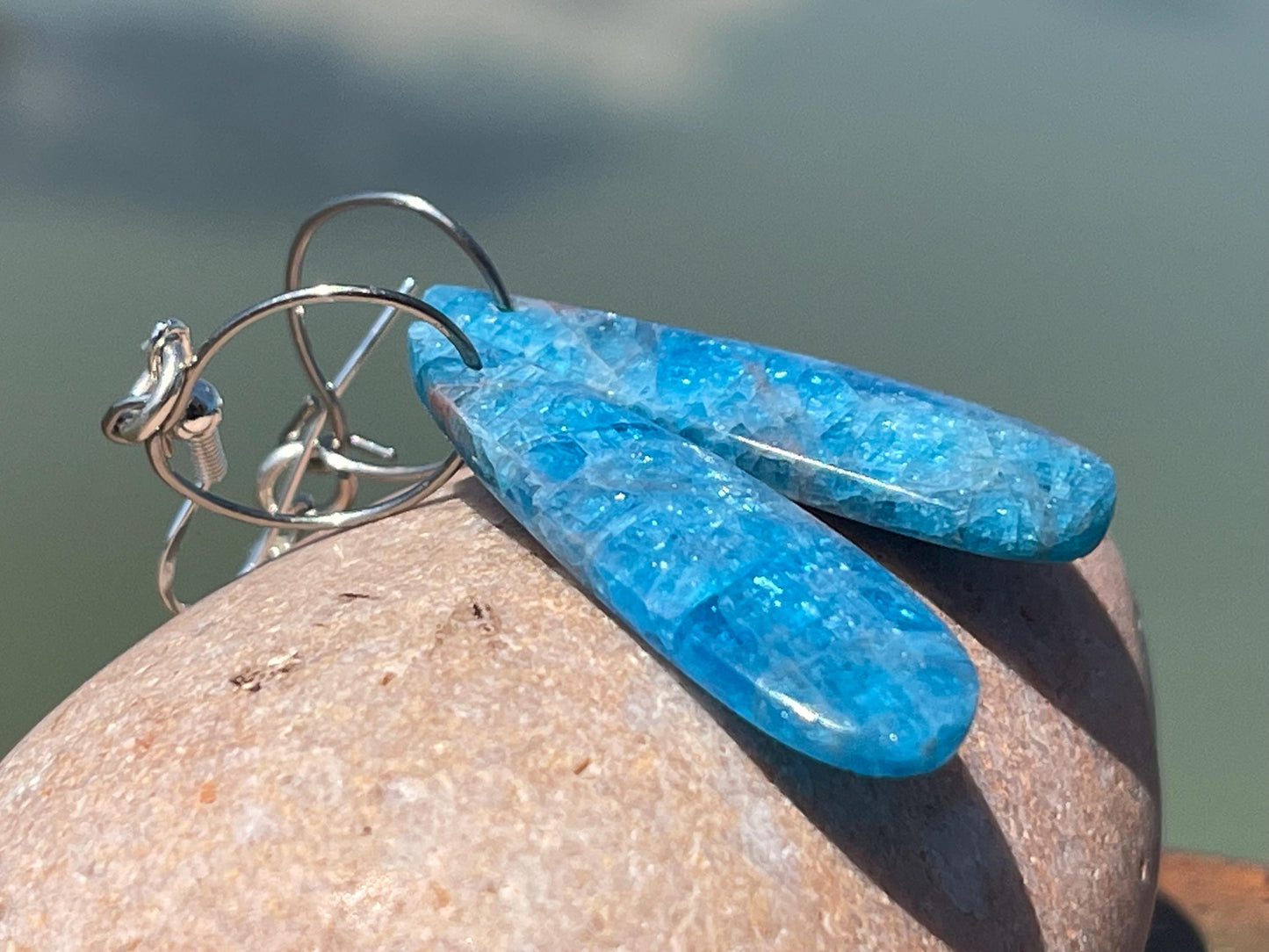 Apatite gemstone earrings on recycled sterling silver. Handmade ethical jewellery. Handmade in Sussex.
