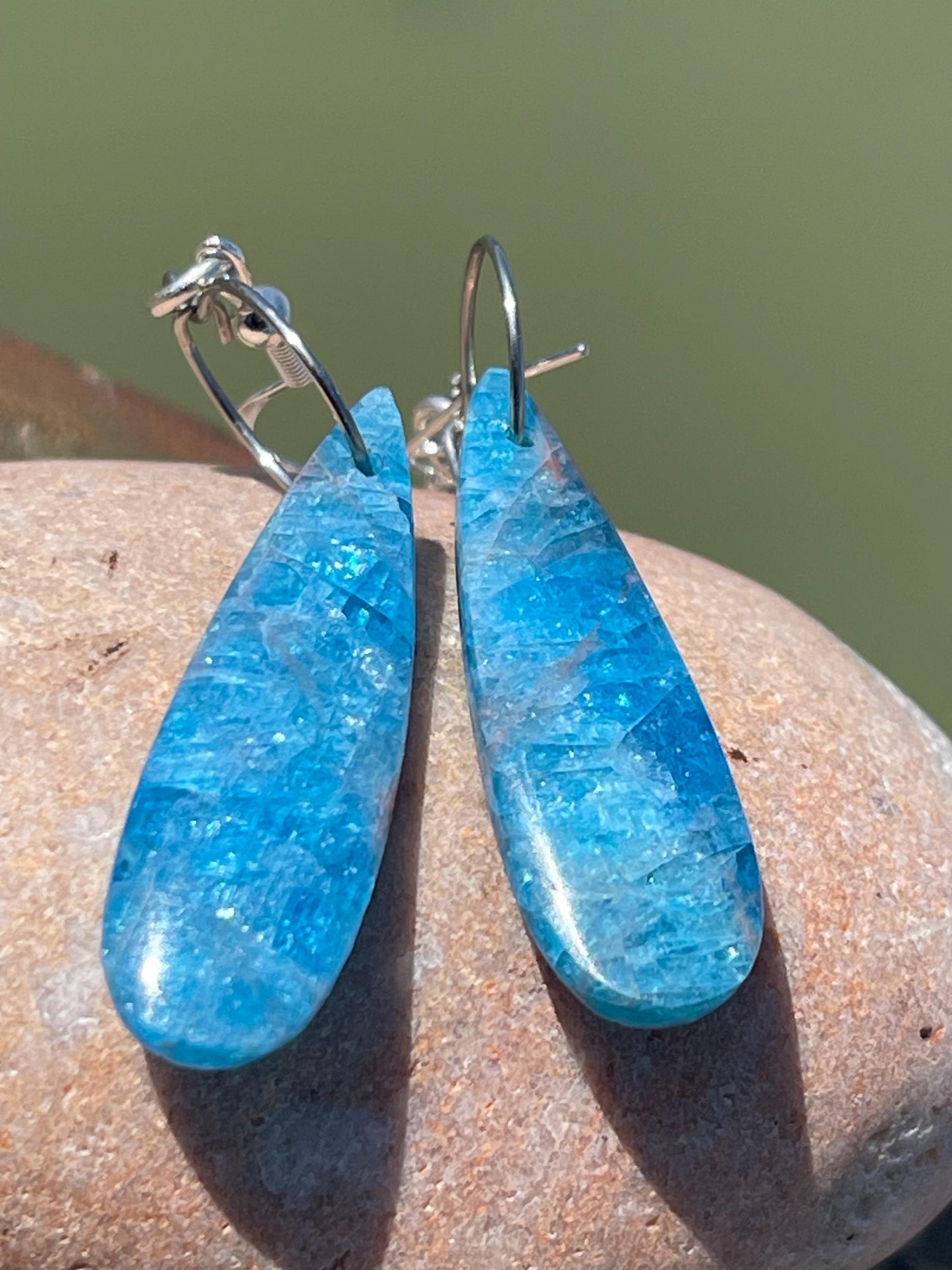 Apatite gemstone earrings on recycled sterling silver. Handmade ethical jewellery. Handmade in Sussex.