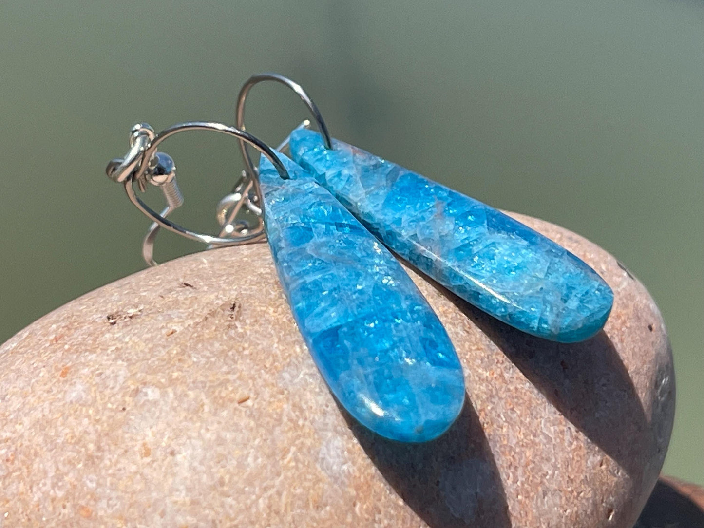 Apatite gemstone earrings on recycled sterling silver. Handmade ethical jewellery. Handmade in Sussex.