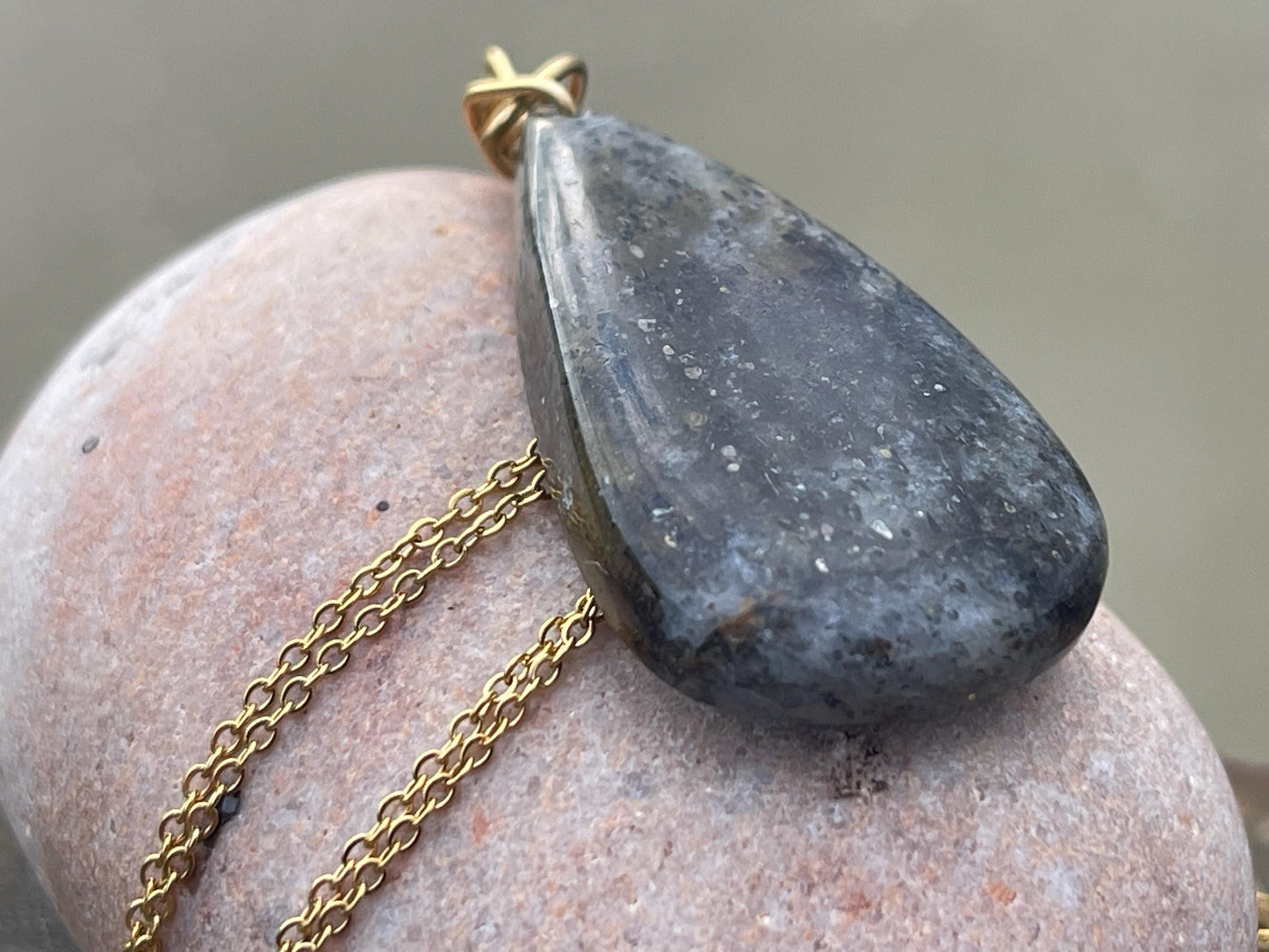 Black sunstone necklace wrapped in recycled brass. Boho necklace, ethical jewellery, handmade necklace, unique gemstone necklaces.