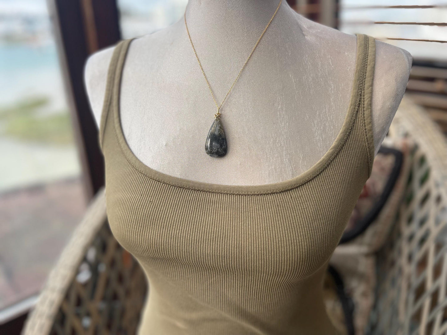 Black sunstone necklace wrapped in recycled brass. Boho necklace, ethical jewellery, handmade necklace, unique gemstone necklaces.