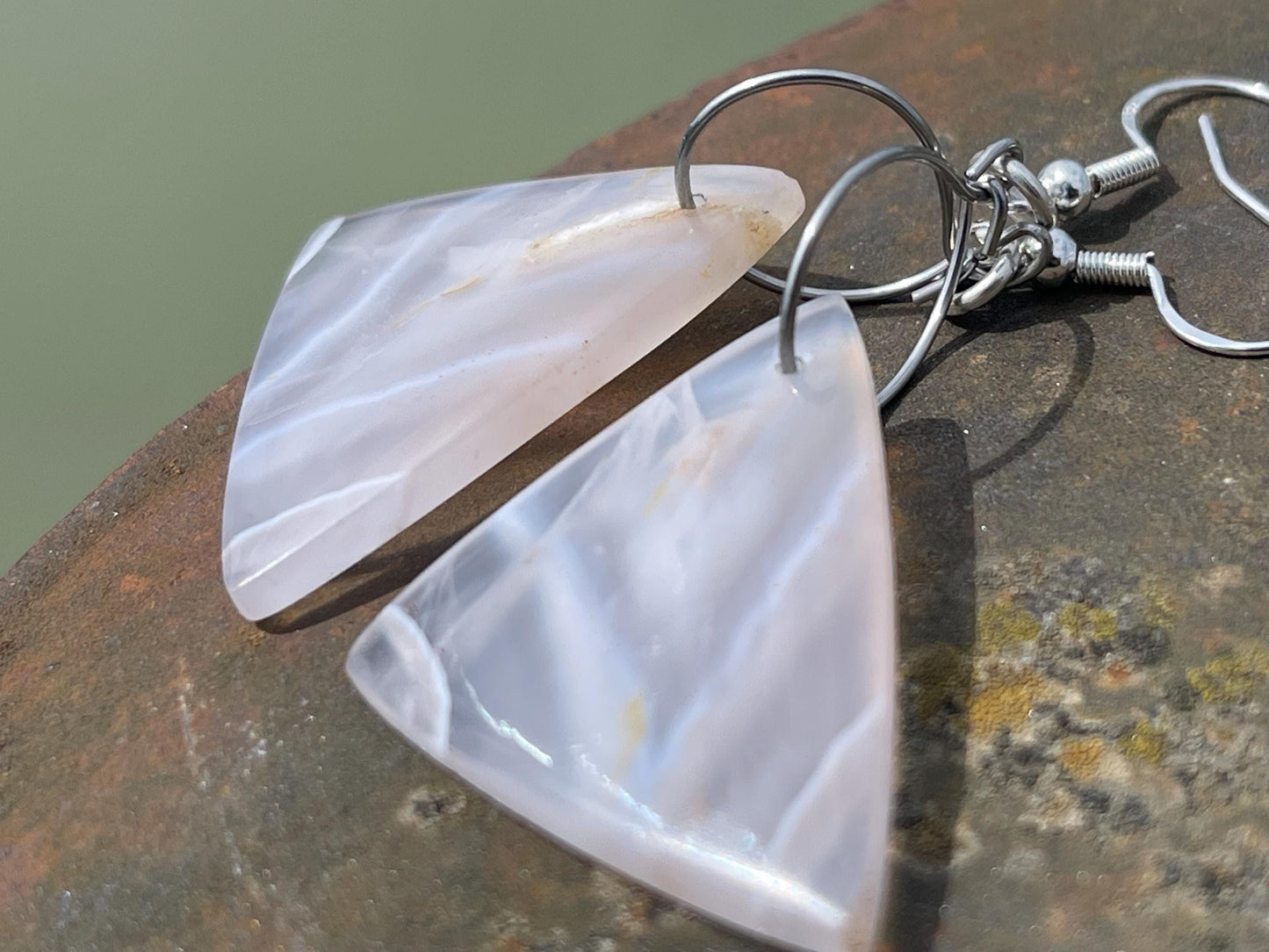 Agate gemstone earrings on recycled sterling silver. Long drop dangly earrings. White gemstone earrings. Ethical jewellery. Wedding earrings
