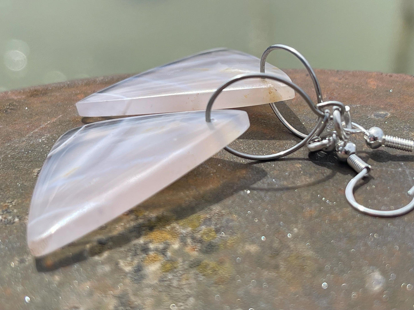 Agate gemstone earrings on recycled sterling silver. Long drop dangly earrings. White gemstone earrings. Ethical jewellery. Wedding earrings