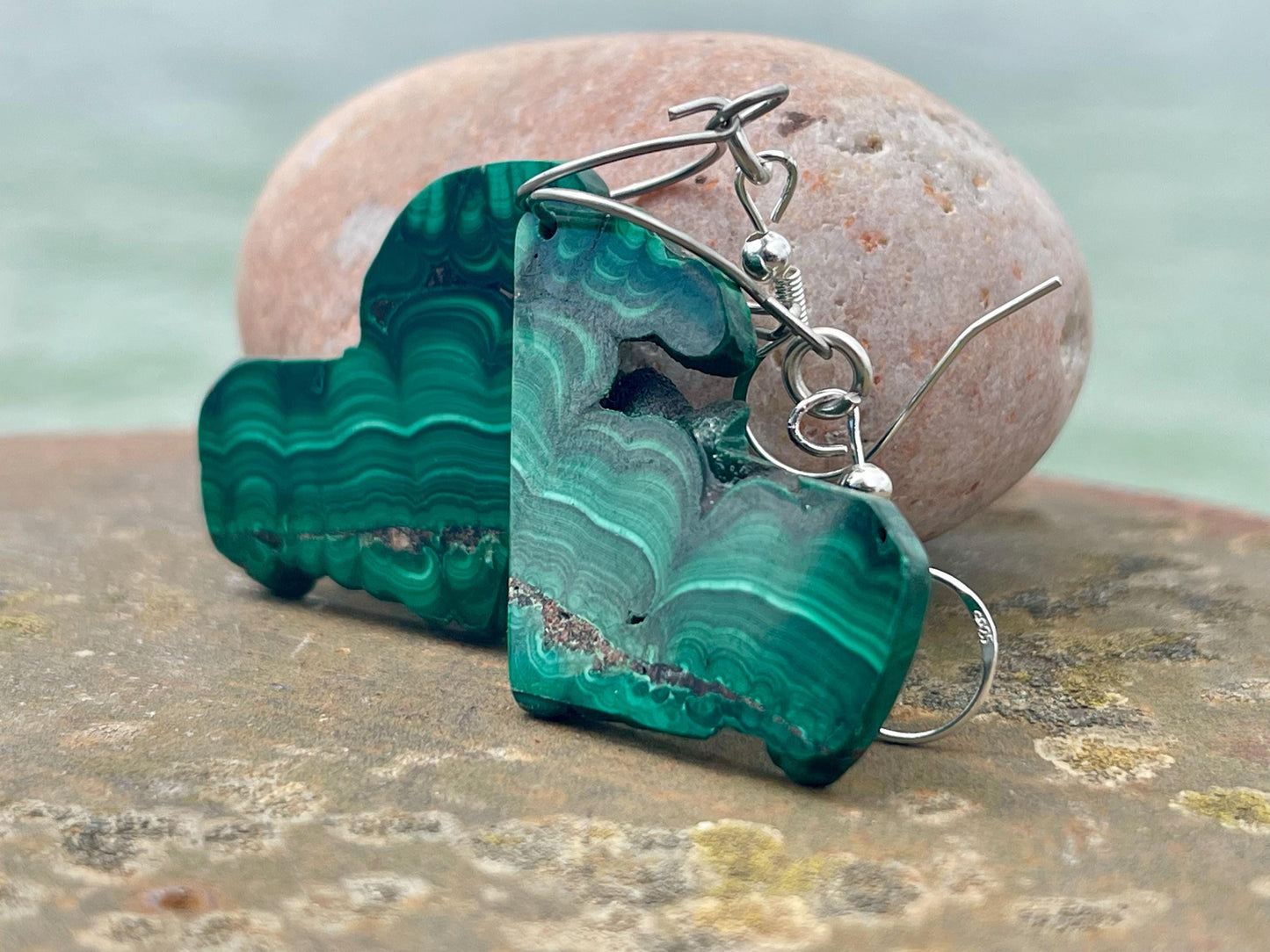 Silver earrings, boho earrings, unusual gift for her, malachite earrings, malachite jewellery, green gemstone earrings. Unusual jewellery