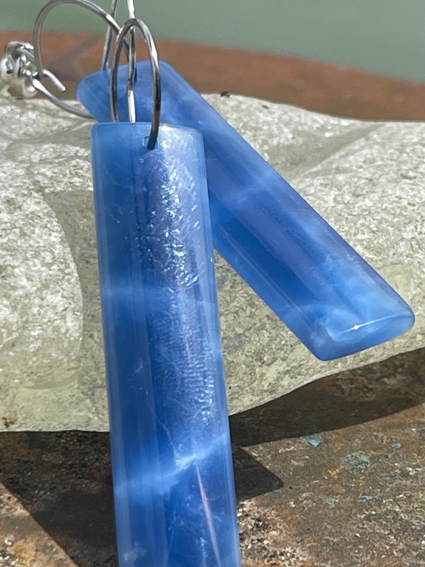 Blue onyx gemstone earrings. Long drop dangly earrings. Blue gemstone earrings. Ethical jewellery, blue jewellery. Handmade onyx jewellery.