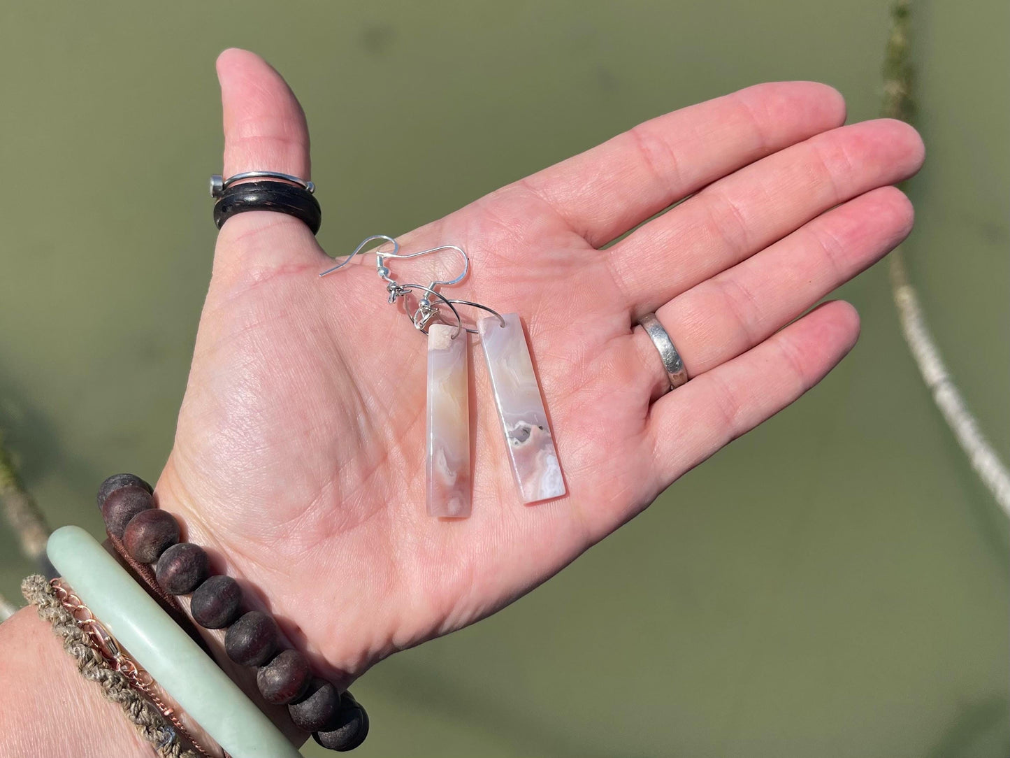 Agate gemstone earrings on recycled sterling silver. Long drop dangly earrings. White gemstone earrings. Ethical jewellery. Wedding earrings