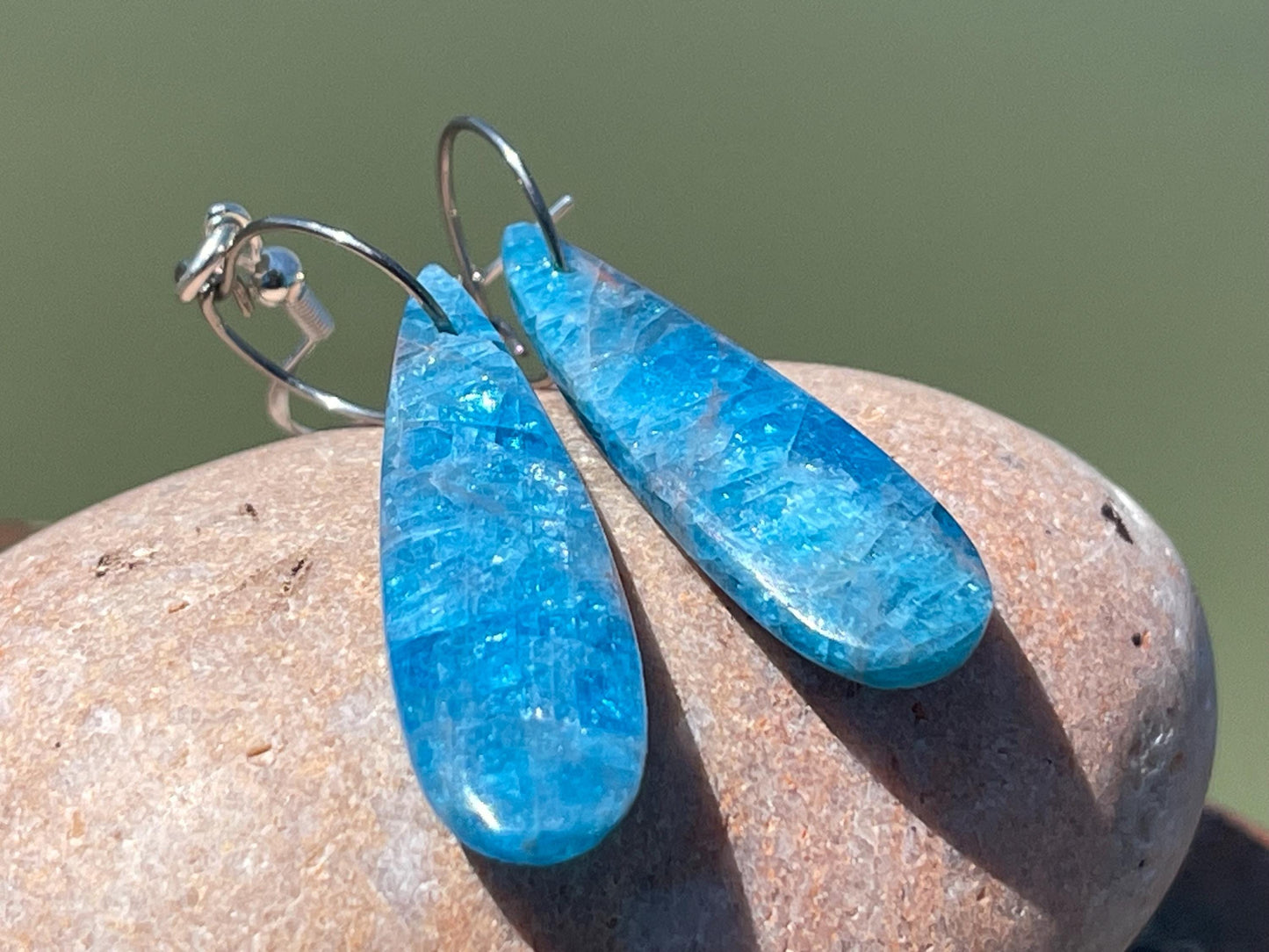 Apatite gemstone earrings on recycled sterling silver. Handmade ethical jewellery. Handmade in Sussex.