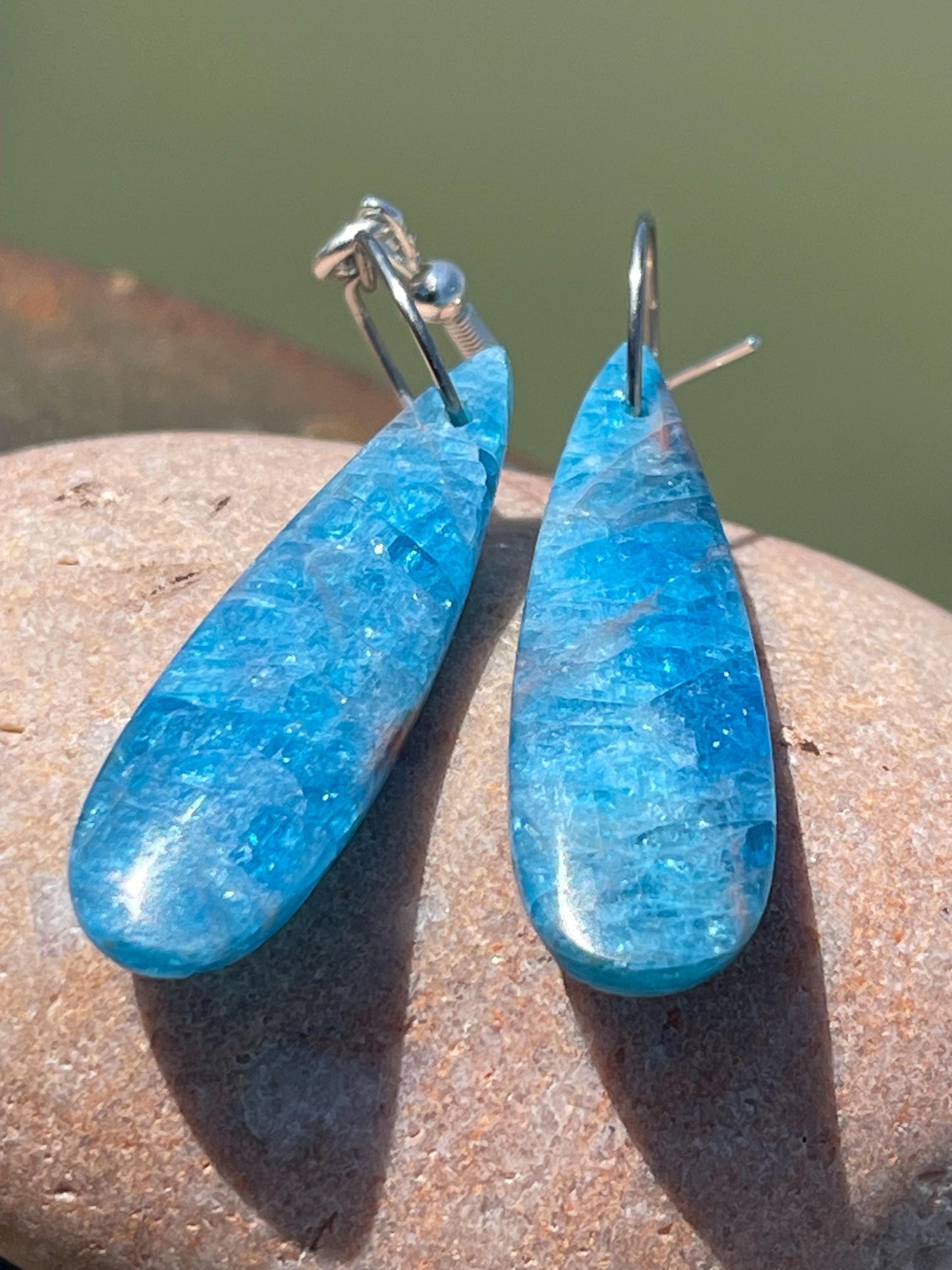 Apatite gemstone earrings on recycled sterling silver. Handmade ethical jewellery. Handmade in Sussex.