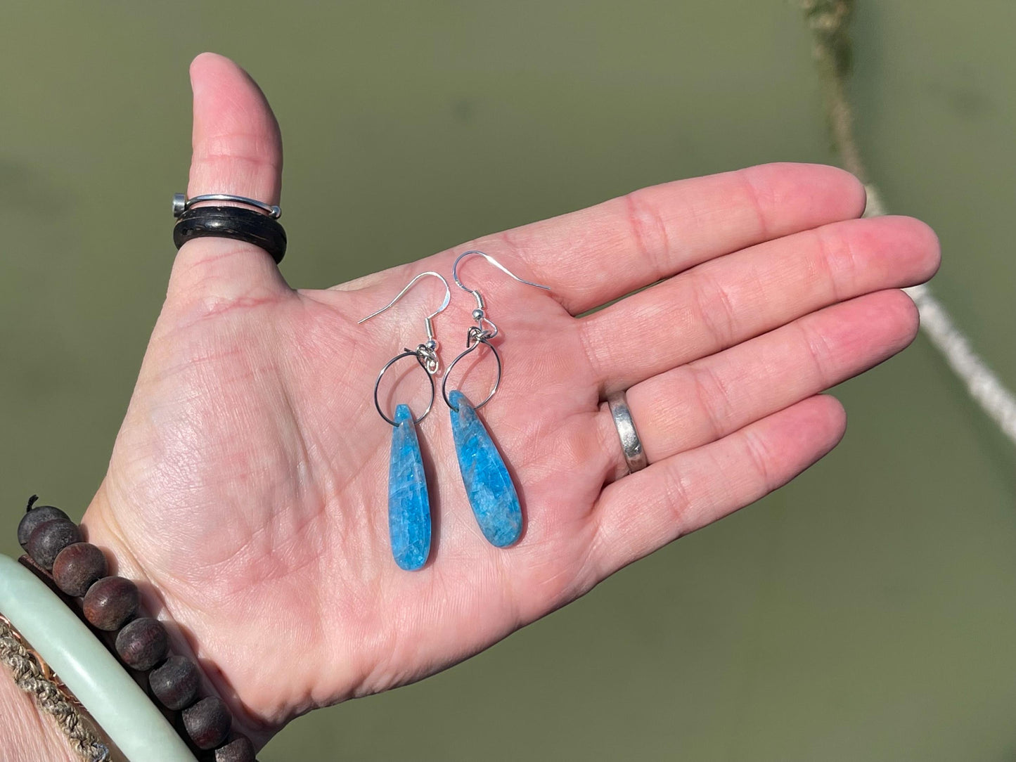 Apatite gemstone earrings on recycled sterling silver. Handmade ethical jewellery. Handmade in Sussex.