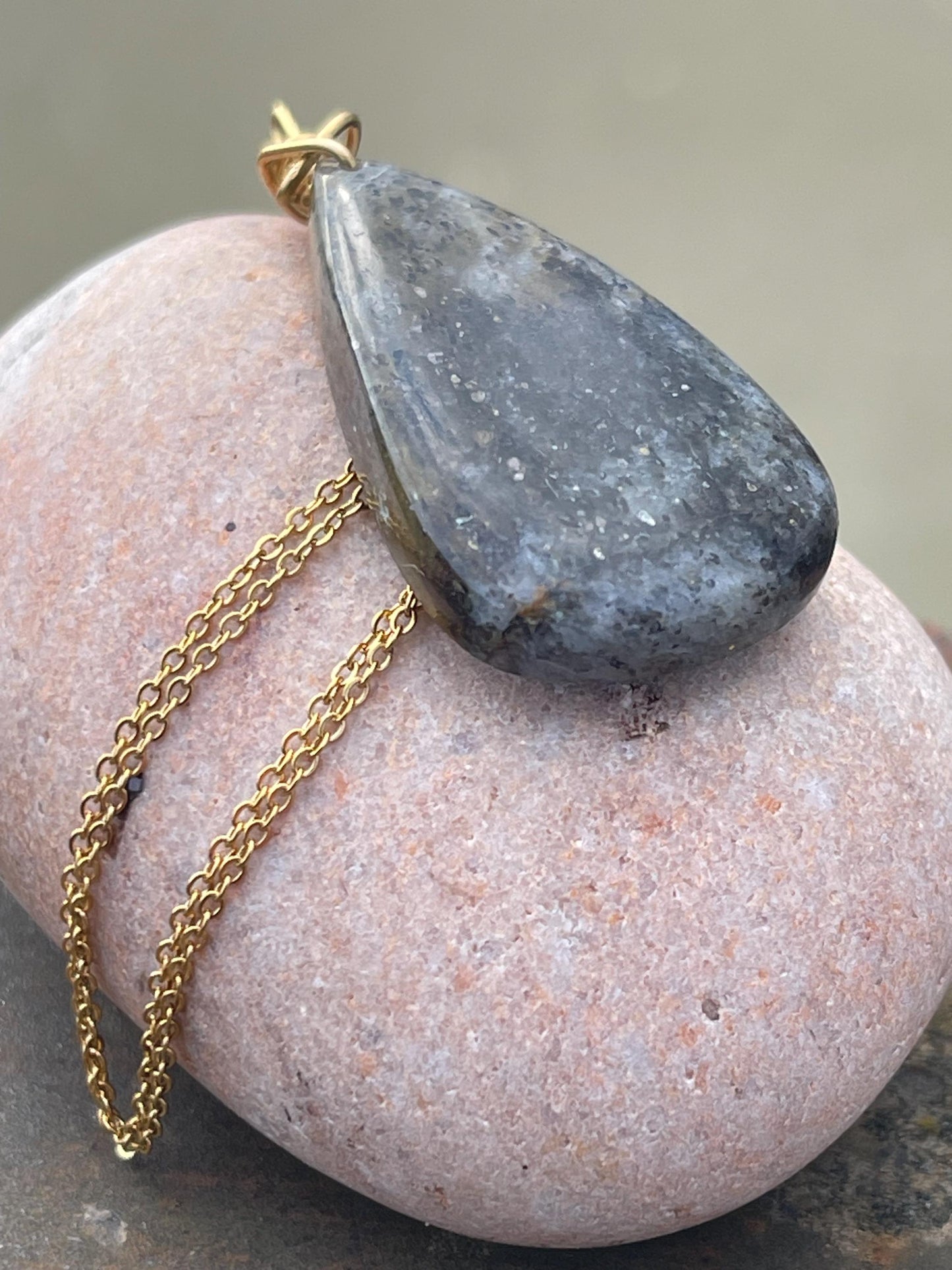 Black sunstone necklace wrapped in recycled brass. Boho necklace, ethical jewellery, handmade necklace, unique gemstone necklaces.