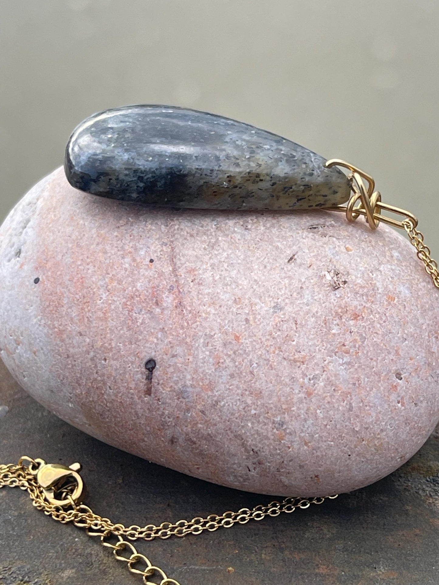 Black sunstone necklace wrapped in recycled brass. Boho necklace, ethical jewellery, handmade necklace, unique gemstone necklaces.