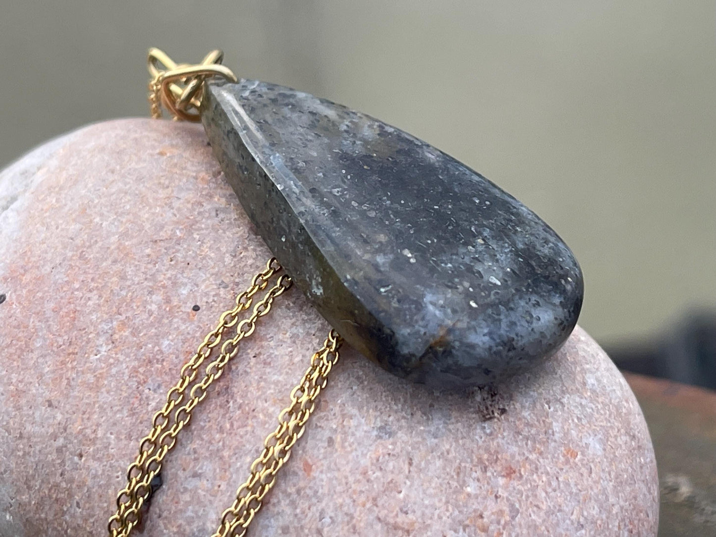 Black sunstone necklace wrapped in recycled brass. Boho necklace, ethical jewellery, handmade necklace, unique gemstone necklaces.