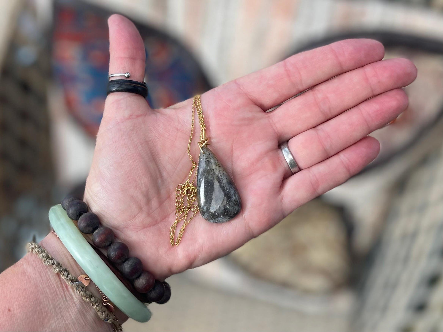 Black sunstone necklace wrapped in recycled brass. Boho necklace, ethical jewellery, handmade necklace, unique gemstone necklaces.