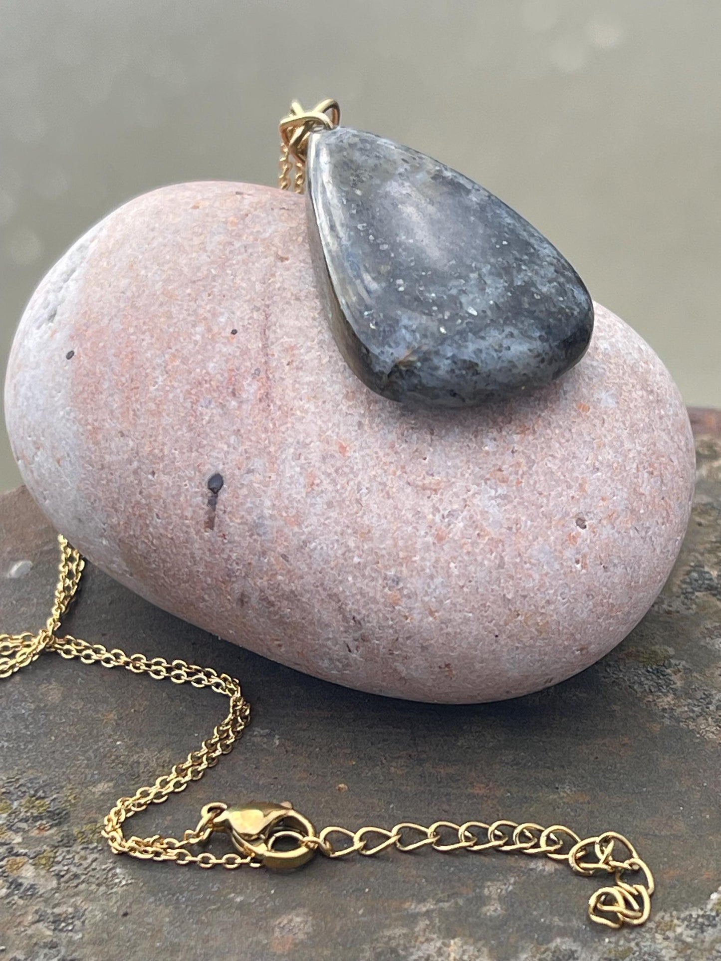 Black sunstone necklace wrapped in recycled brass. Boho necklace, ethical jewellery, handmade necklace, unique gemstone necklaces.
