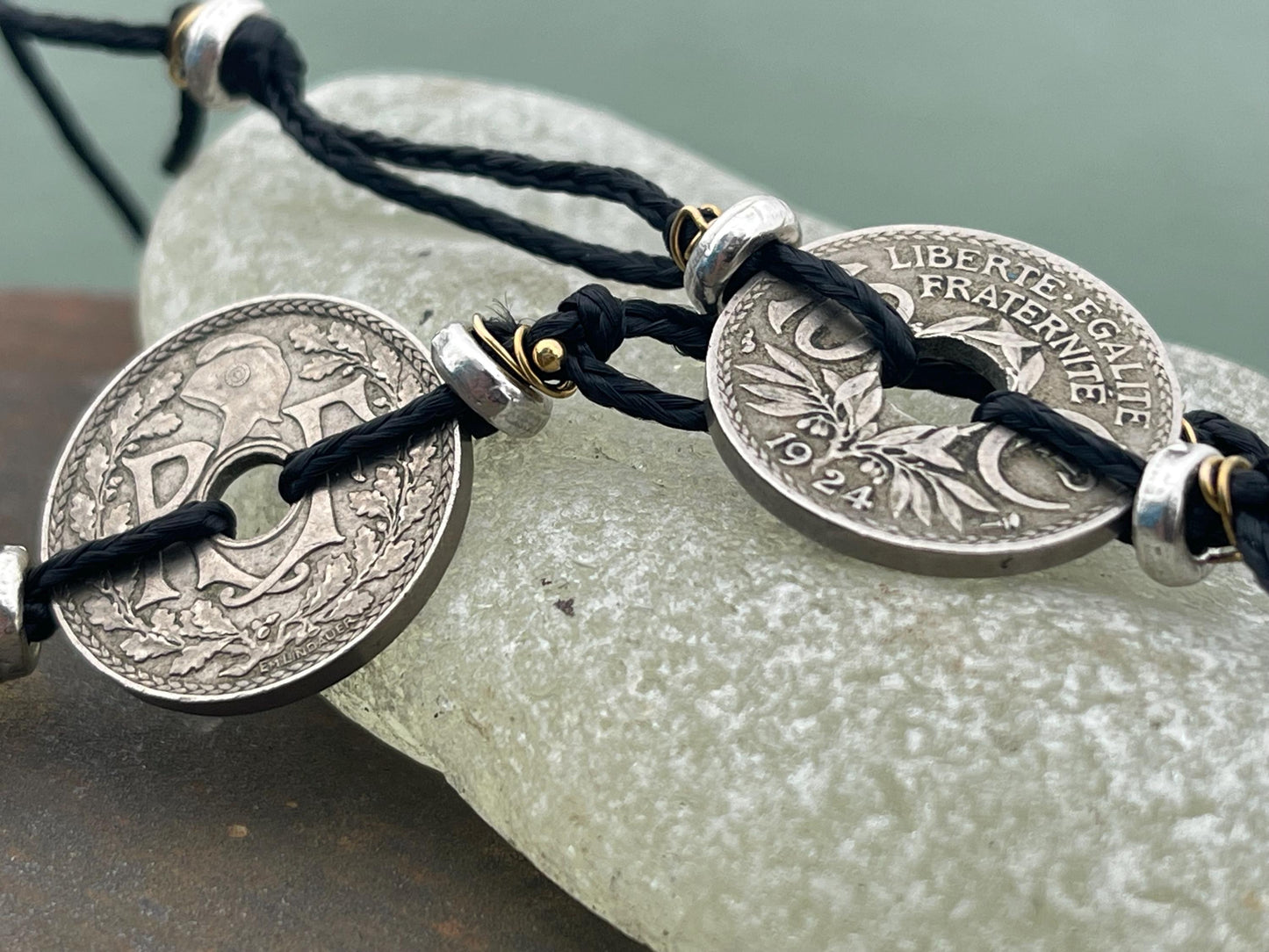 Vintage 10c French coin bracelet. Eco friendly bracelet. Eco friendly jewellery. Ethical handmade jewellery. Bracelet made with eco material