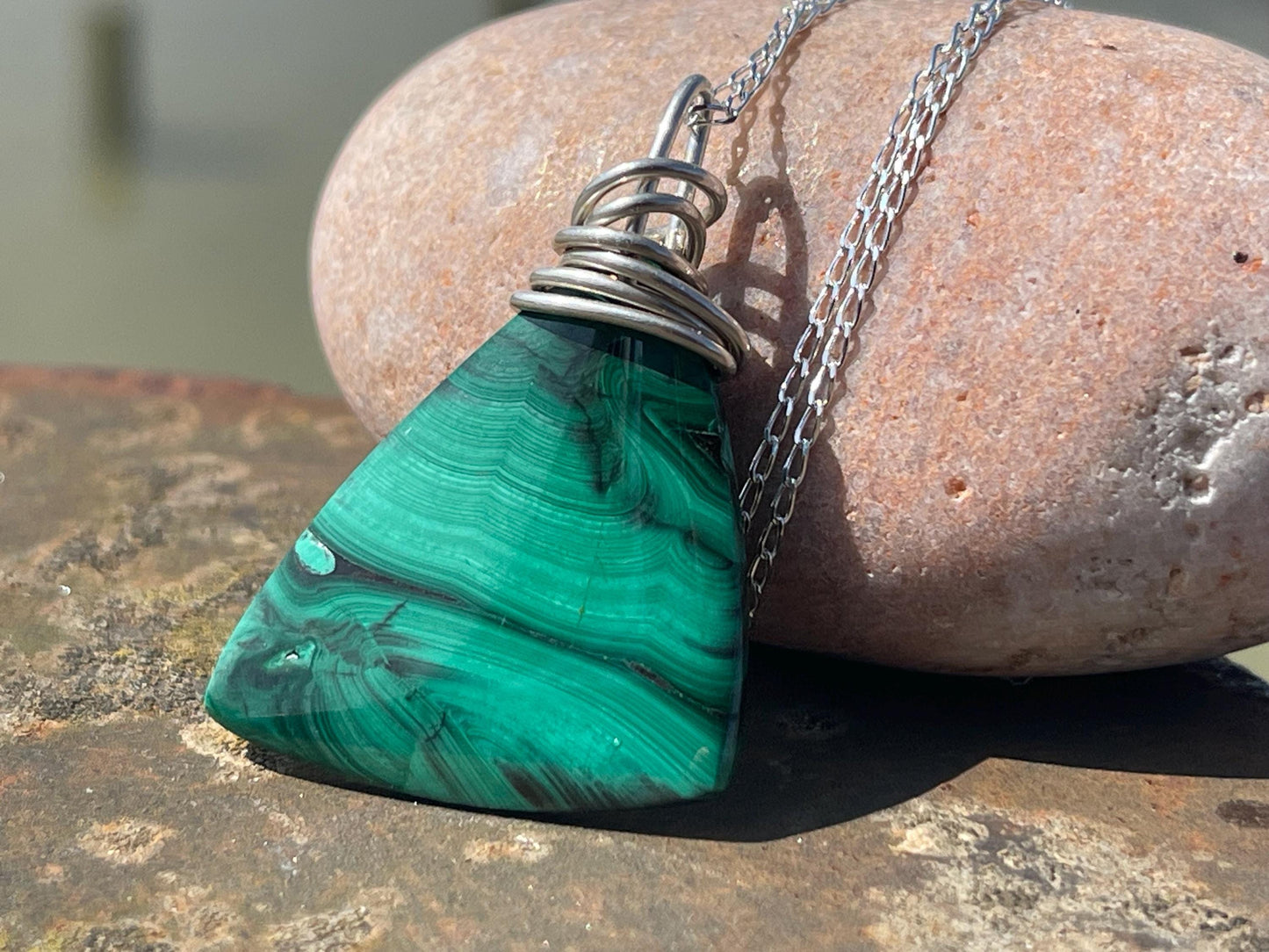 Malachite necklace, ethical jewellery, bohemian necklace, unusual jewellery, malachite pendant, green gemstone necklace. Boho jewellery