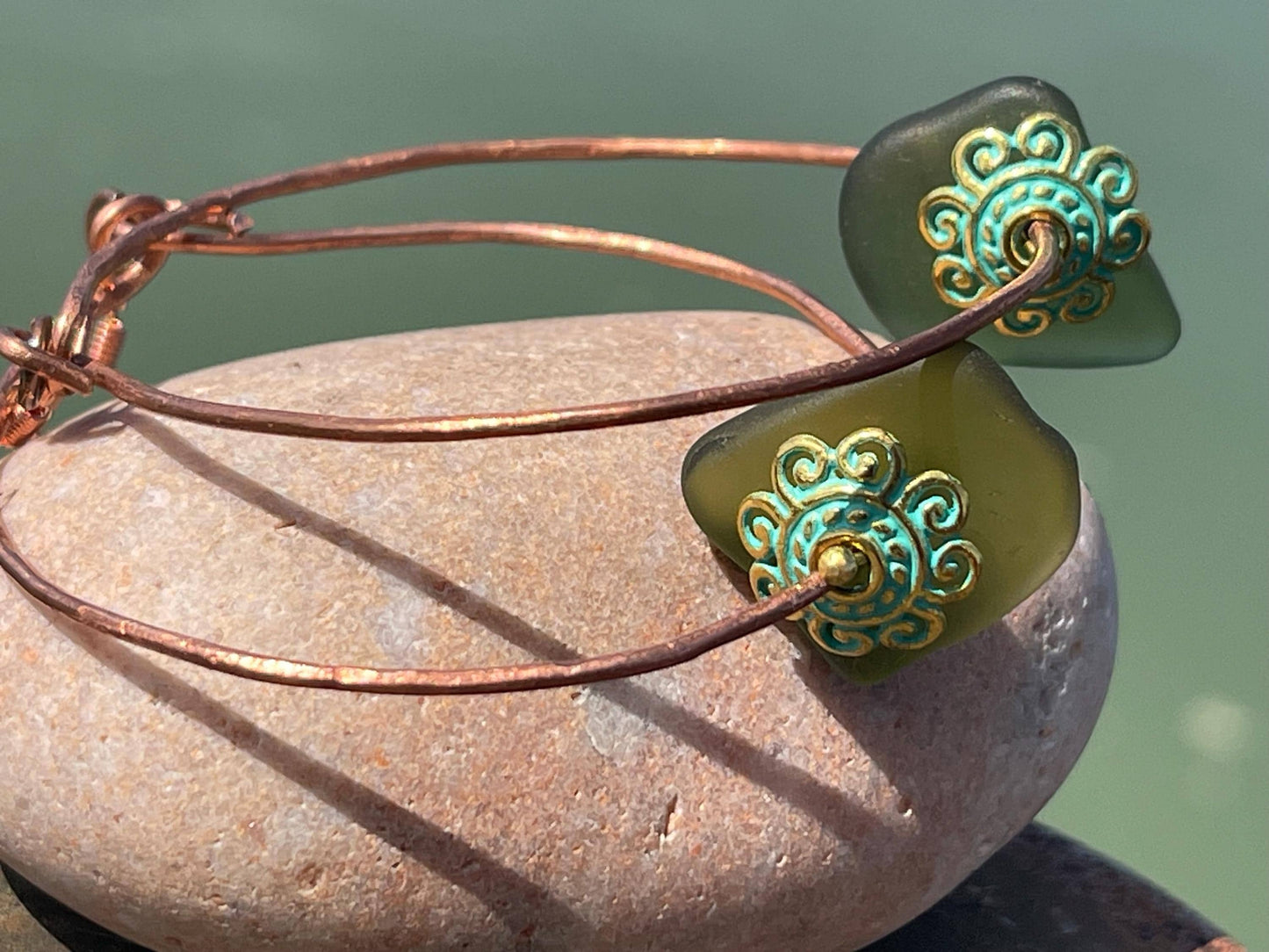 Eco friendly large sea glass & recycled copper earrings. Unique earrings, ethical jewellery, unusual boho jewellery, eco friendly jewellery.