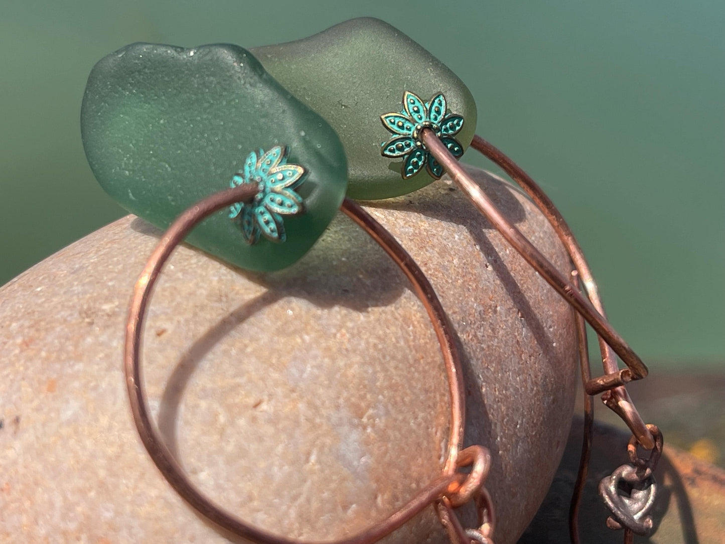 Eco friendly glass hoops on recycled copper.. Unique earrings, ethical jewellery, unusual boho jewellery, eco friendly jewellery. Eco gifts.