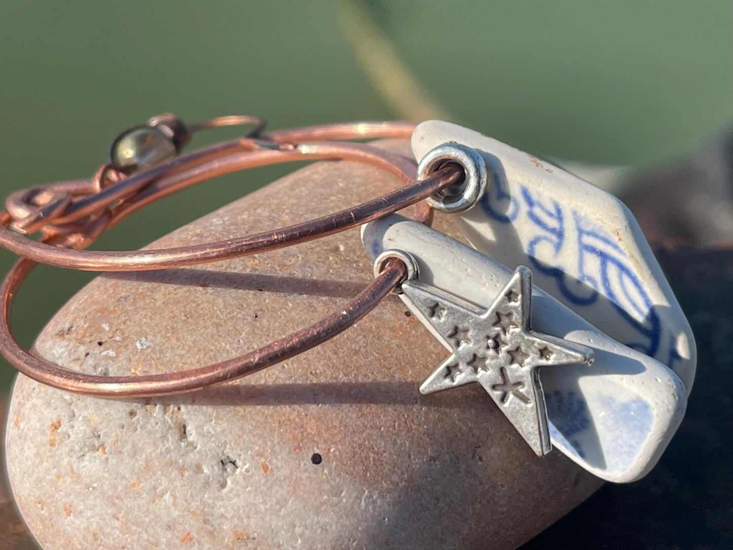 Eco friendly blue ceramic and recycled copper earrings. Unique earrings, ethical jewellery, unusual boho jewellery, eco friendly jewellery.