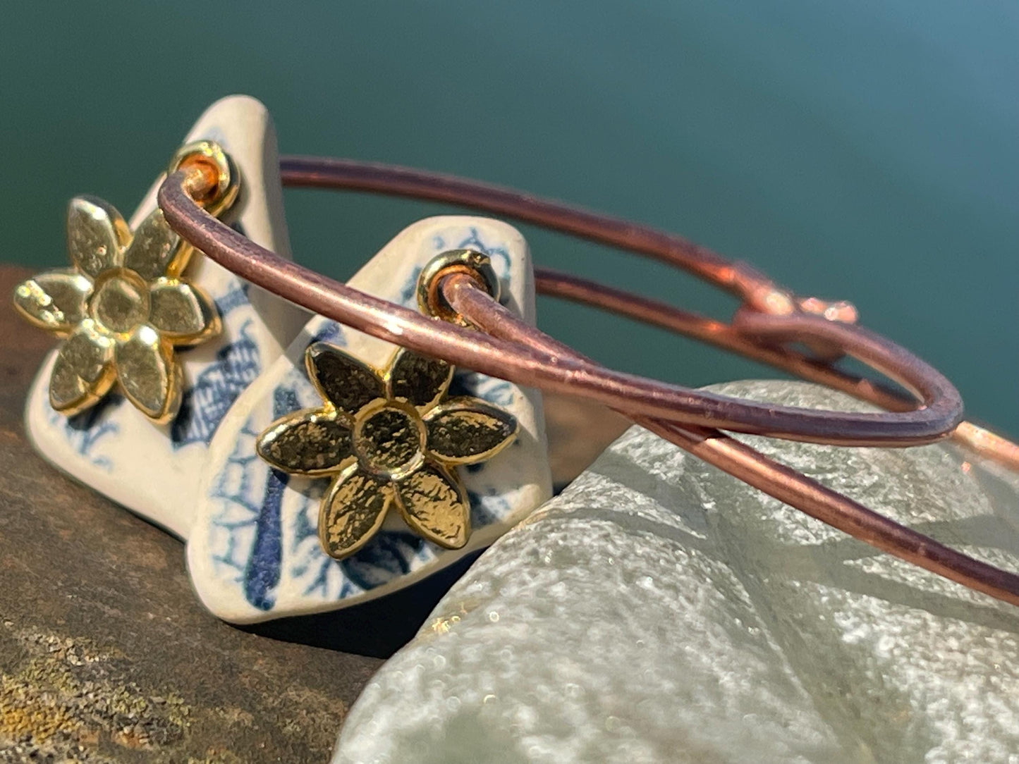 Eco friendly blue ceramic and recycled copper earrings. Unique earrings, ethical jewellery, unusual boho jewellery, eco friendly jewellery.