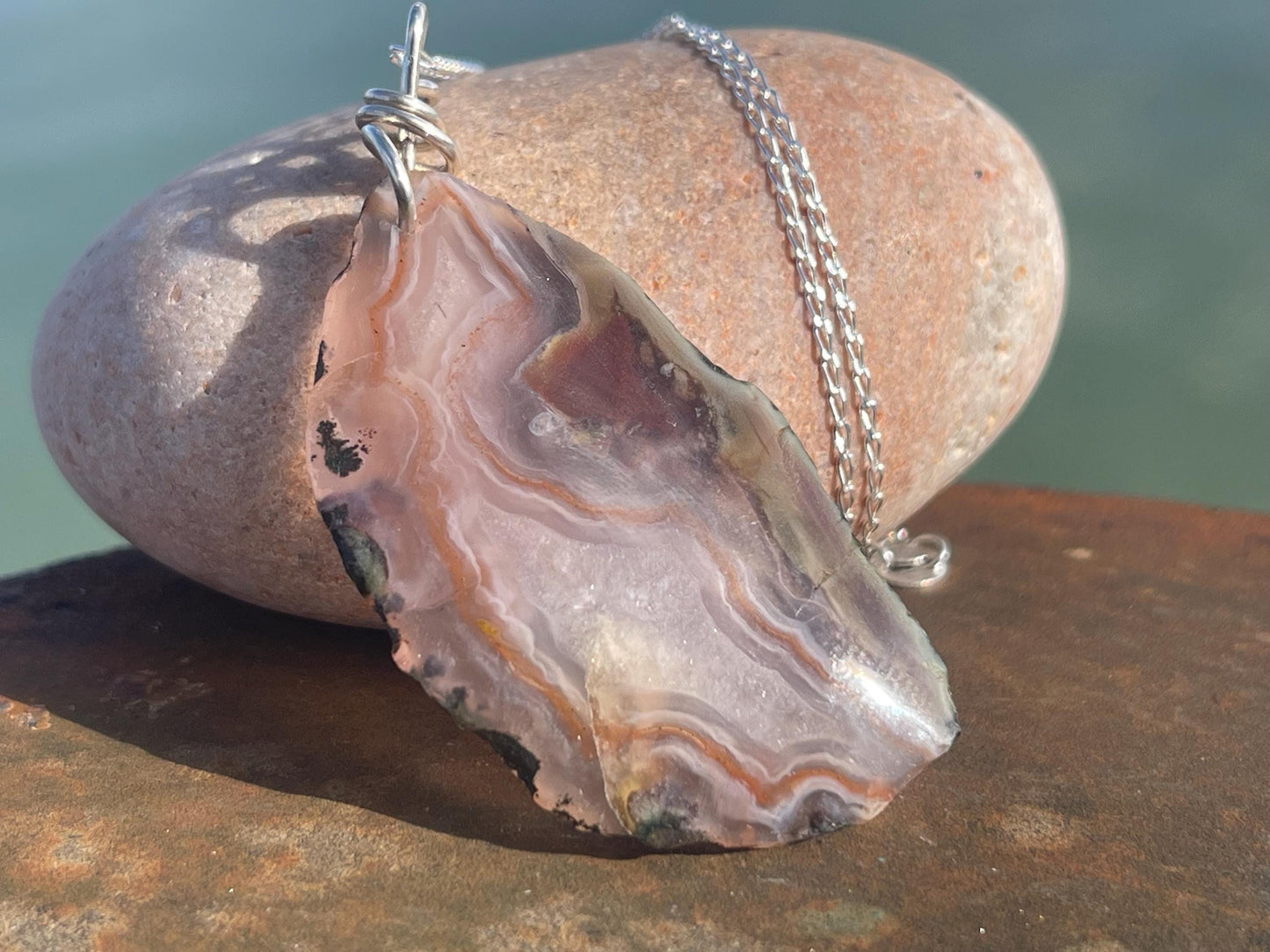 Agate necklace, ethical jewellery, bohemian necklace, unusual jewellery, agate pendant, white gemstone necklace. Boho jewellery