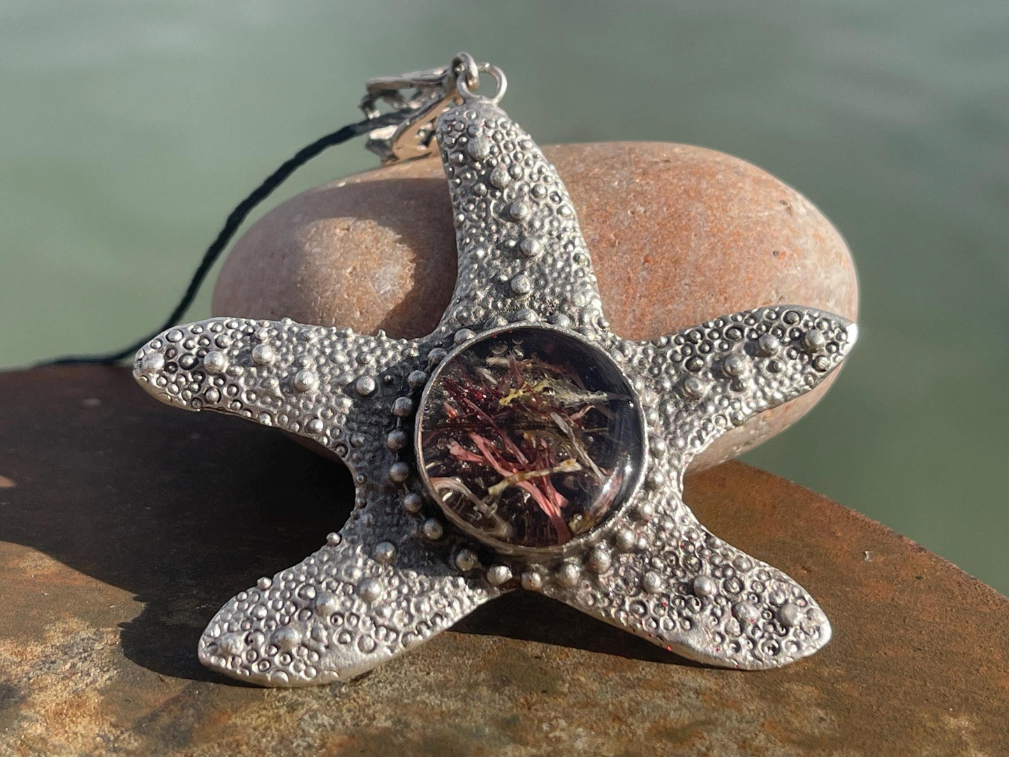 Starfish necklace incorporating real seaweed. Seaweed jewellery, starfish pendant, handmade necklace, boho jewellery. Starfish gifts.