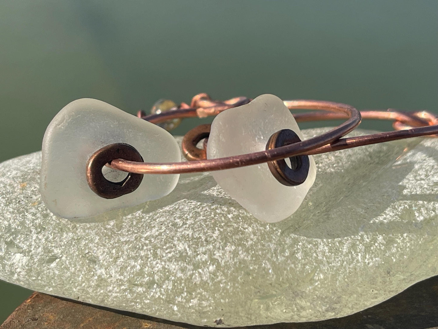 Eco friendly glass hoops on recycled copper.. Unique earrings, ethical jewellery, unusual boho jewellery, eco friendly jewellery. Eco gifts.