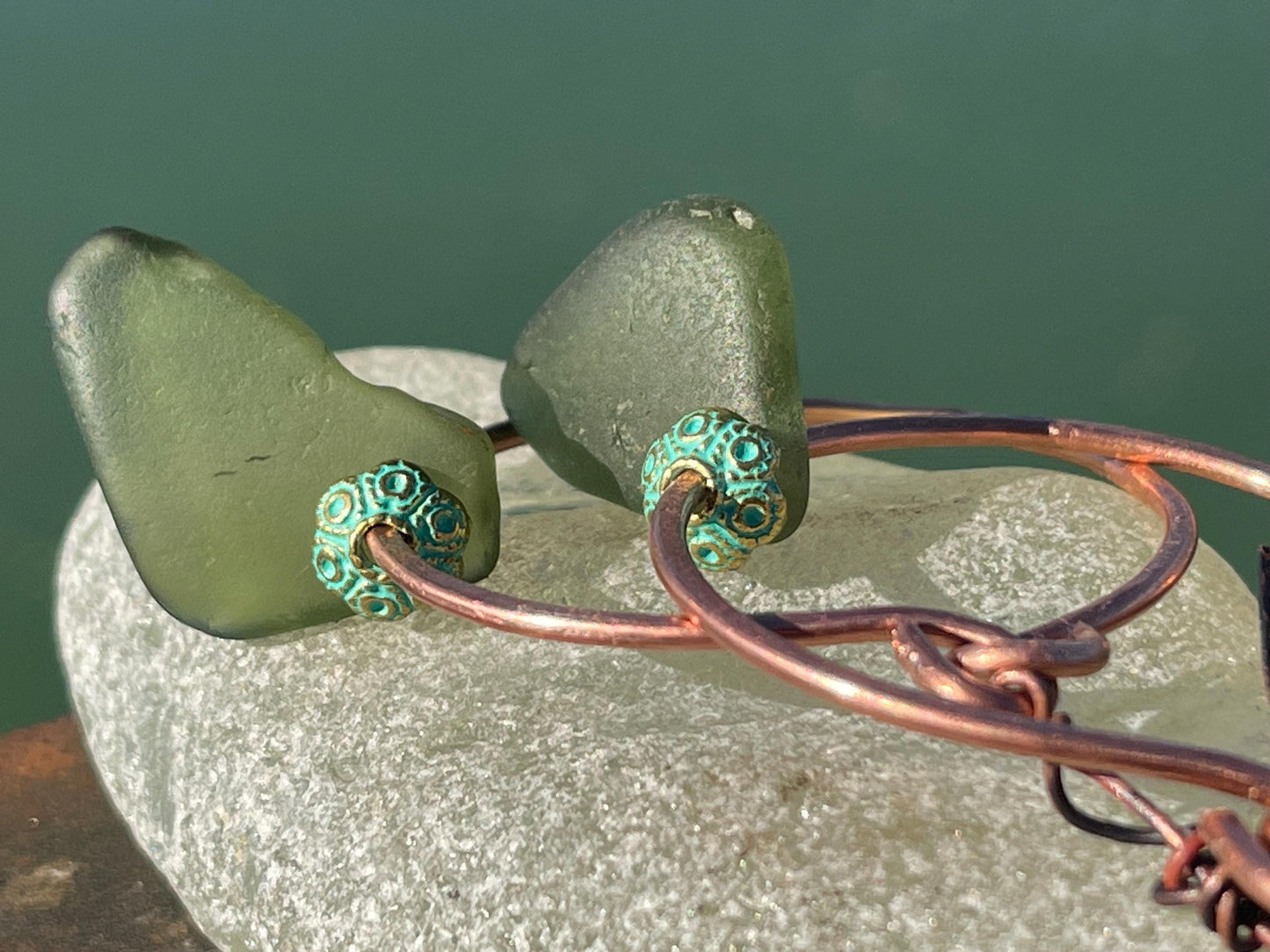 Eco friendly glass hoops on recycled copper.. Unique earrings, ethical jewellery, unusual boho jewellery, eco friendly jewellery. Eco gifts.