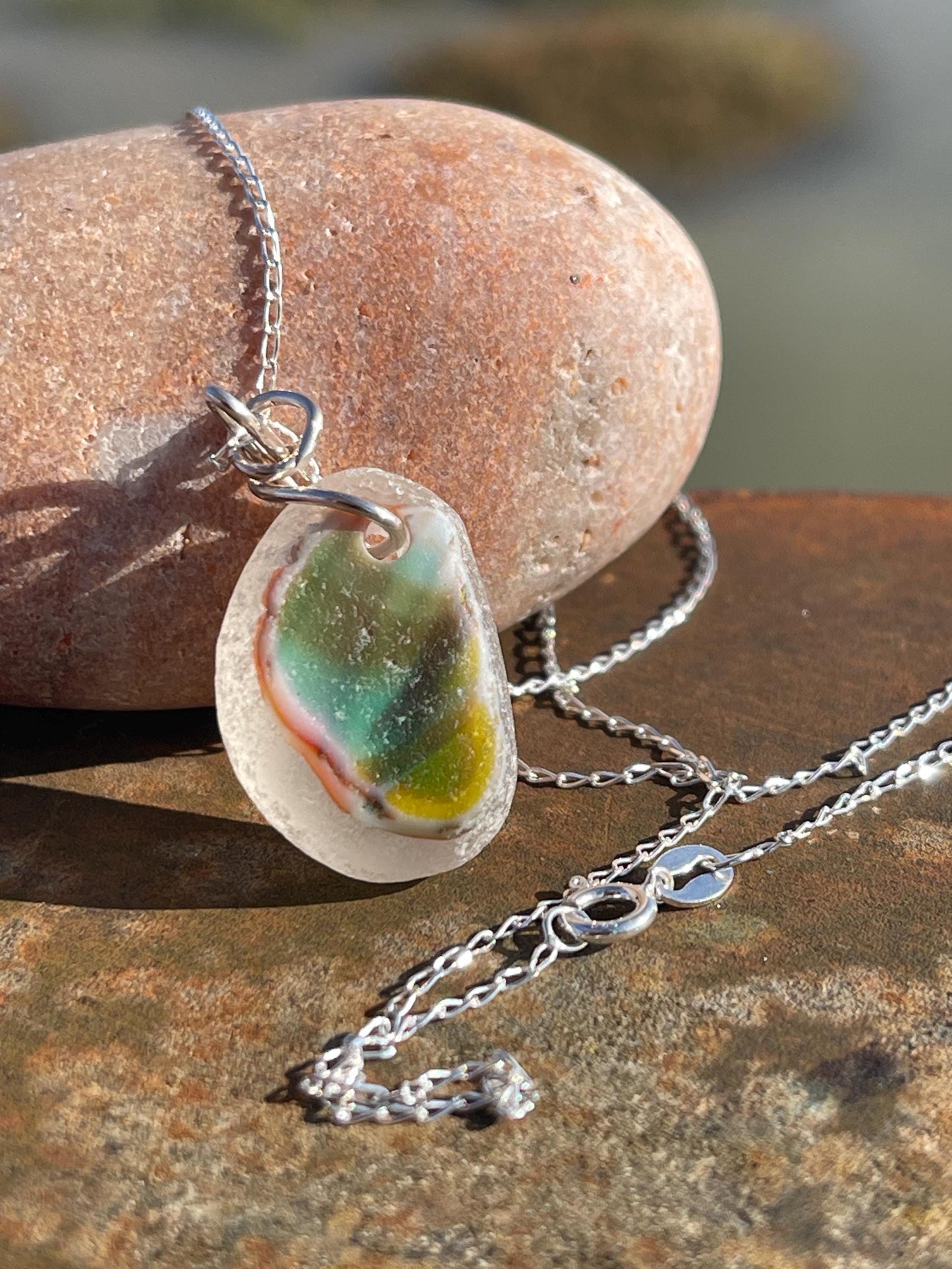Eco friendly sea glass necklace on a sterling silver chain. Eco friendly jewellery. Unusual sea glass jewellery. Handmade ethical jewellery