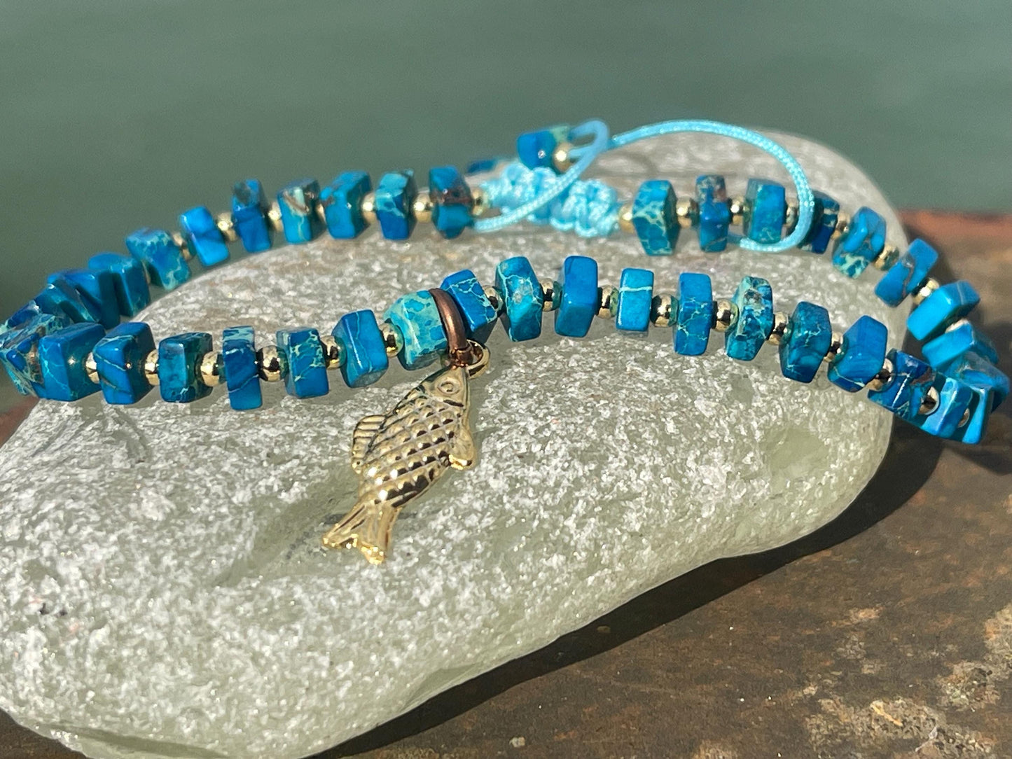 Adjustable gold and blue jasper gemstone bracelet, handmade gift for him or her. Ethical jewellery, handmade unique jewellery.