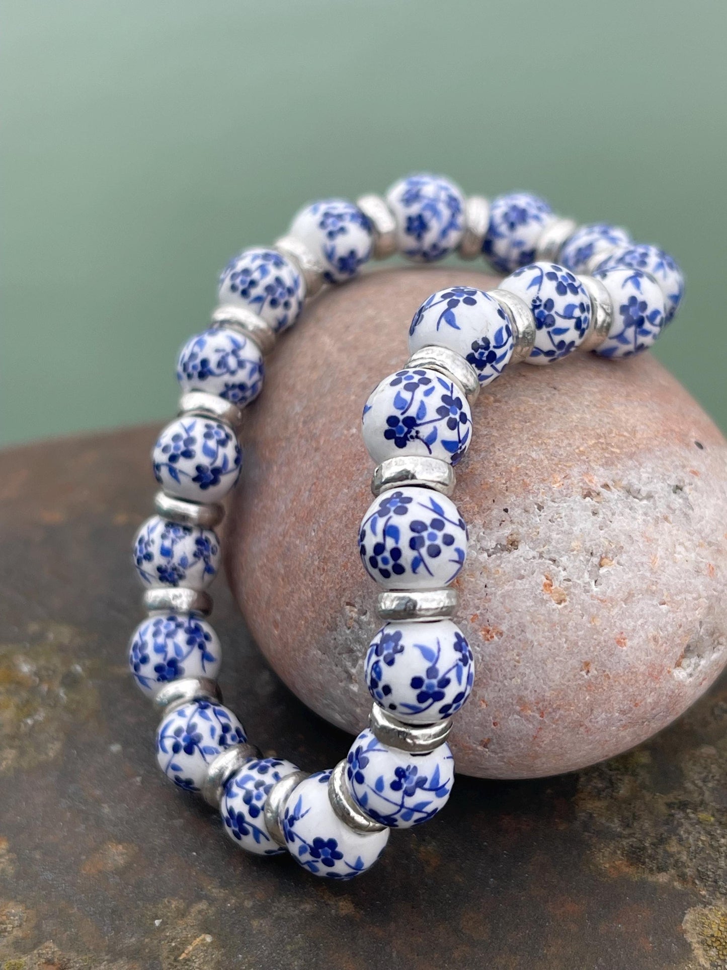 Up-cycled ceramic bracelet. Eco friendly jewellery. Handmade bracelet. Ethical jewellery. Silver, white and blue ceramic bracelet.