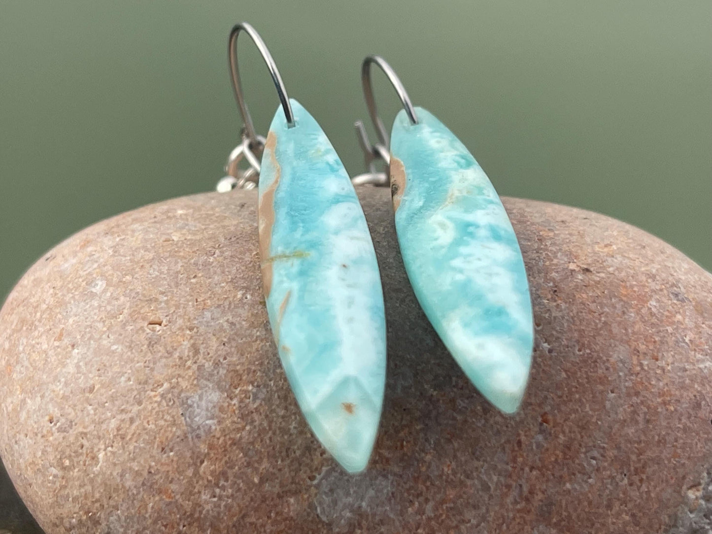Hemimorphite Marquise gemstone earrings on sterling silver. Ethical jewellery, blue gemstone earrings. Stunning unique jewellery. Unique.