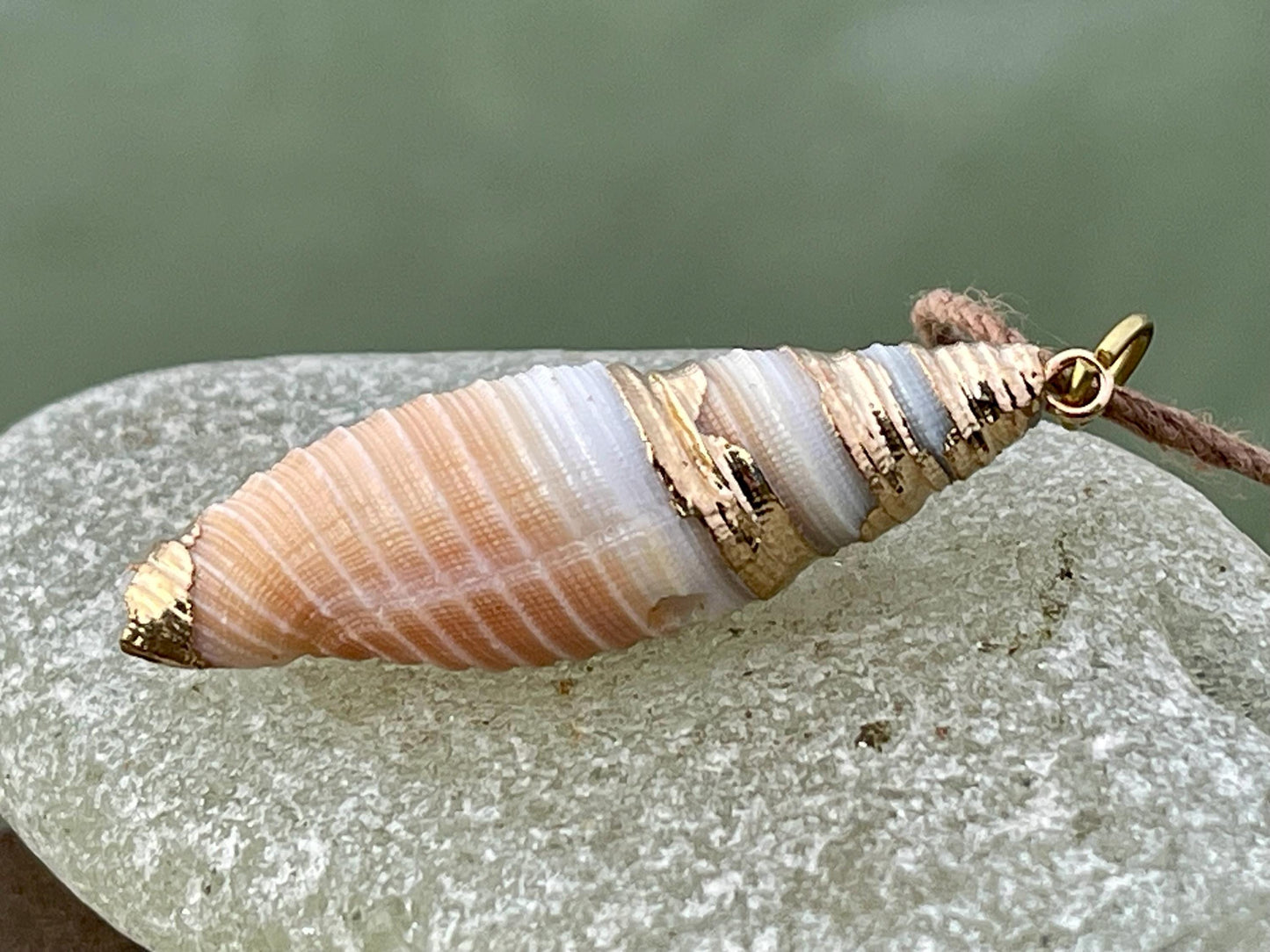 Pretty large painted gold shell necklace held on recycled brass and sustainable hemp. Shell jewellery. Boho jewellery. Eco friendly gifts.