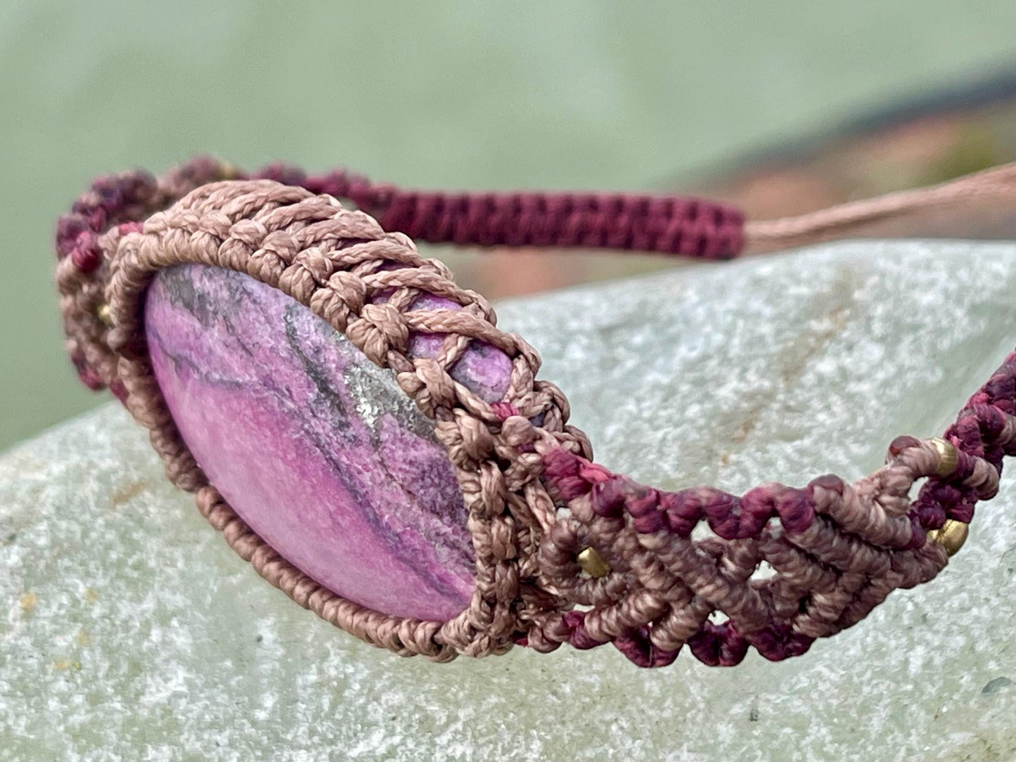 Stunning Cobaltoan Calcite bracelet, ethical jewellery, unusual jewellery, rhodochrosite jewellery. Pink macrame bracelet. Boho jewellery.