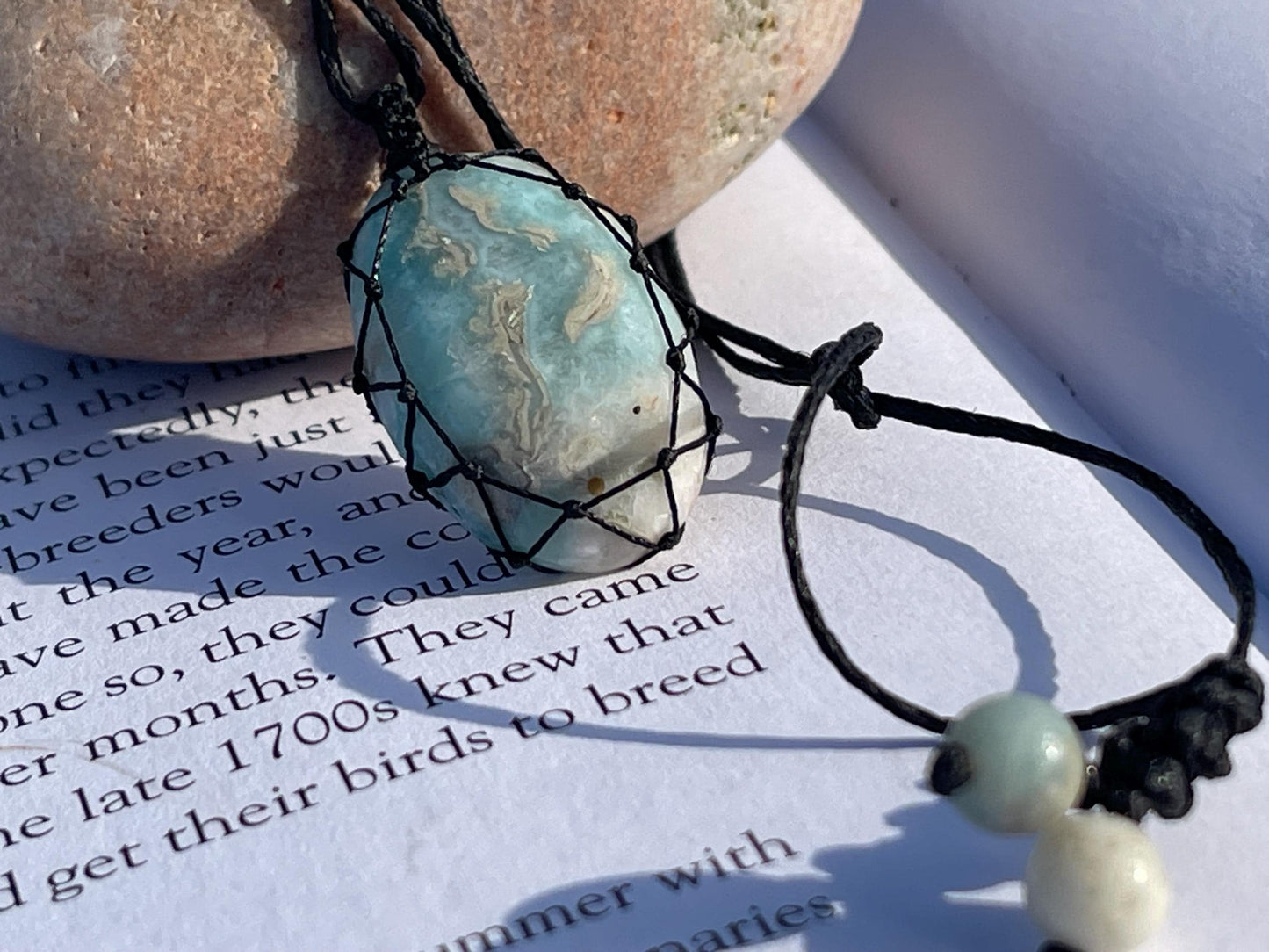 Stunning macrame Larimar necklace on an adjustable cord. Handmade gemstone necklace, boho jewellery. Macrame jewellery. Unique necklace.