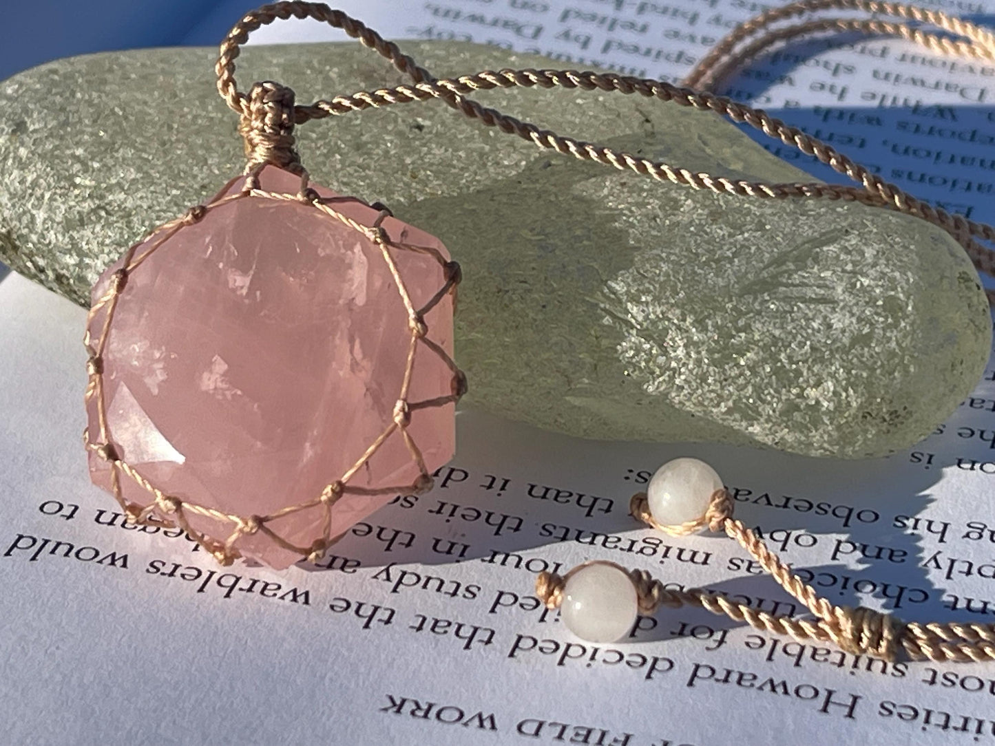 Stunning macrame rose quartz necklace on an adjustable cord. Handmade gemstone necklace, boho jewellery. Macrame jewellery. Unique necklace.