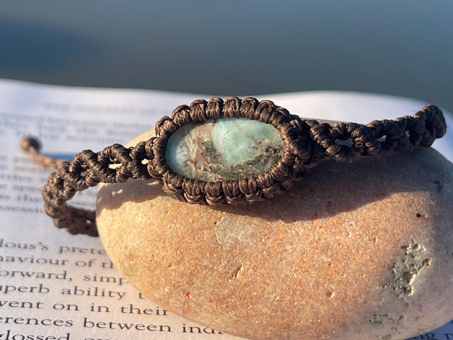Stunning macrame wrapped Larimar bracelet, ethical jewellery, unusual jewellery, macrame jewellery. Gemstone macrame bracelet. Boho bangle