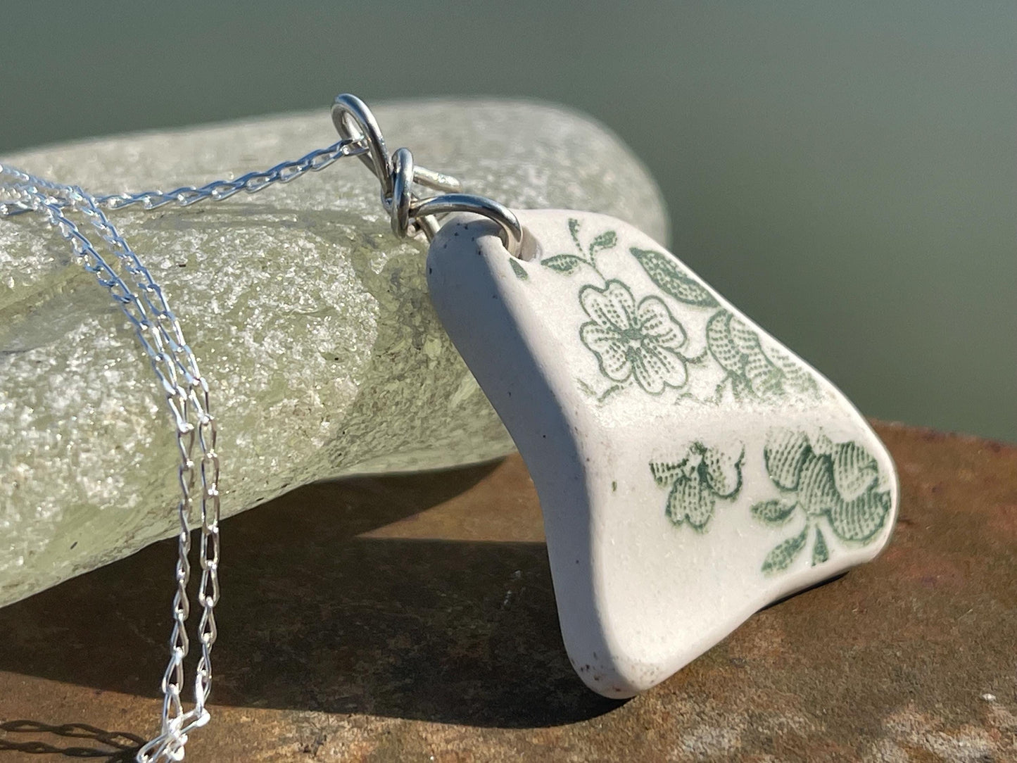 Eco friendly sea ceramic necklace on a sterling silver chain. Eco friendly jewellery, ethical jewellery. Eco friendly necklace.