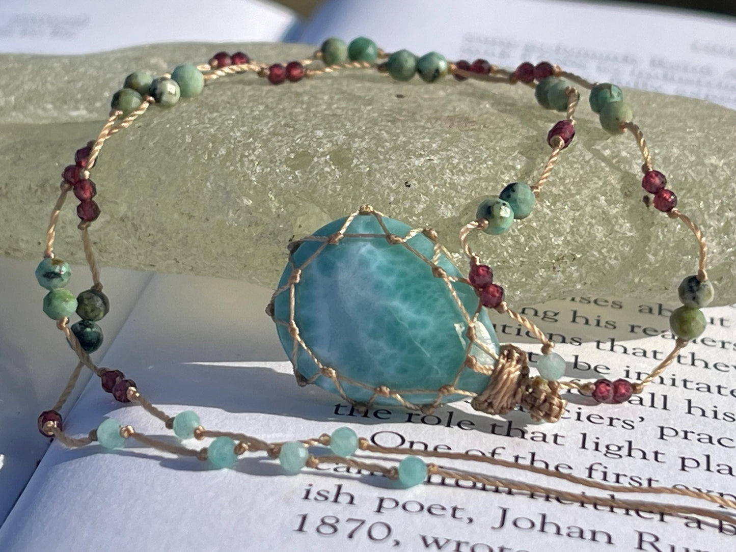 Stunning macrame Larimar necklace, malachite pendant, green gemstone, Handmade gemstone necklace, boho gift for her. Macrame jewellery.