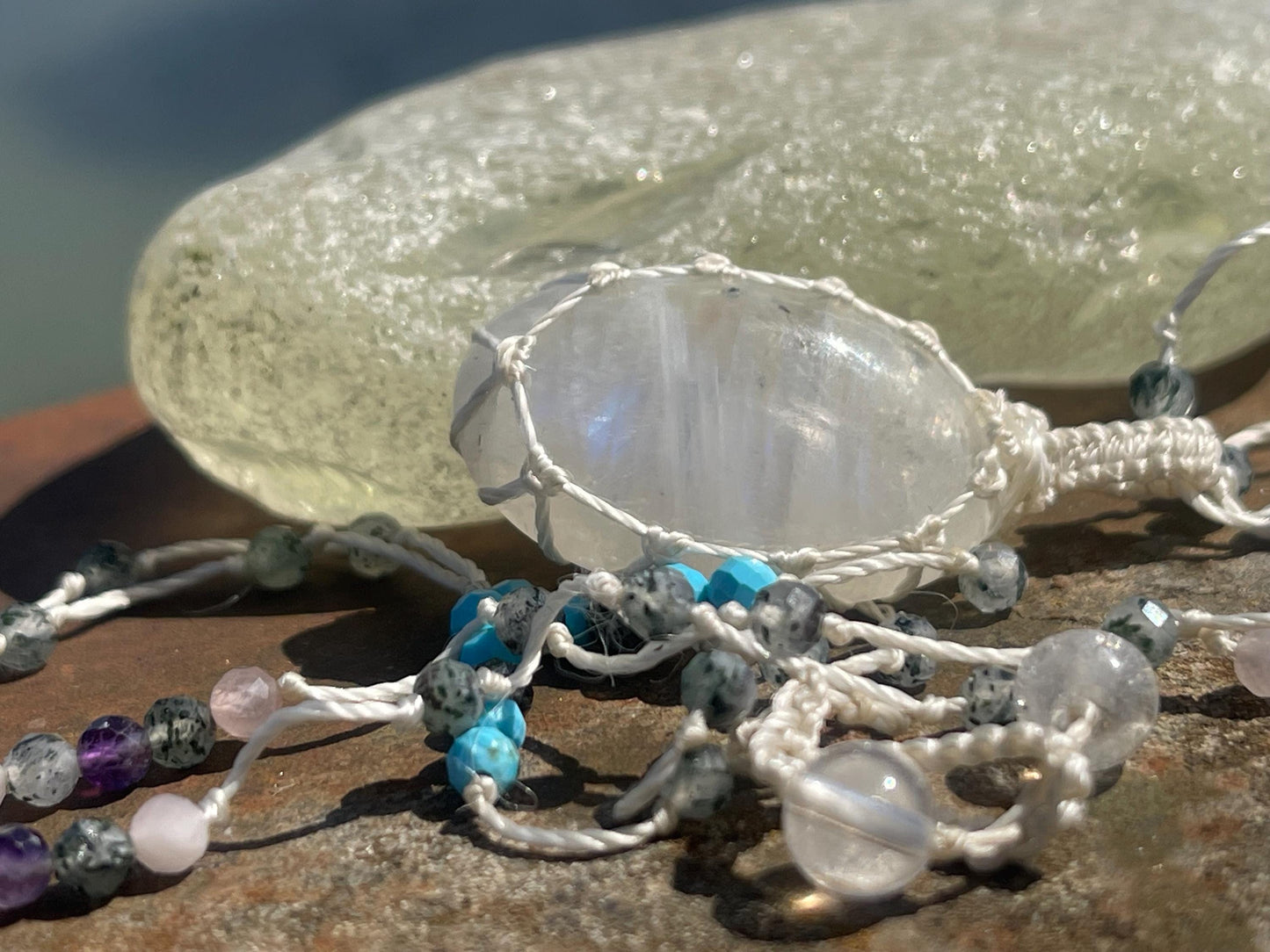 Stunning rainbow moonstone necklace, moonstone pendant, rainbow gemstone, Handmade gemstone necklace, boho gift for her. Macrame jewellery.